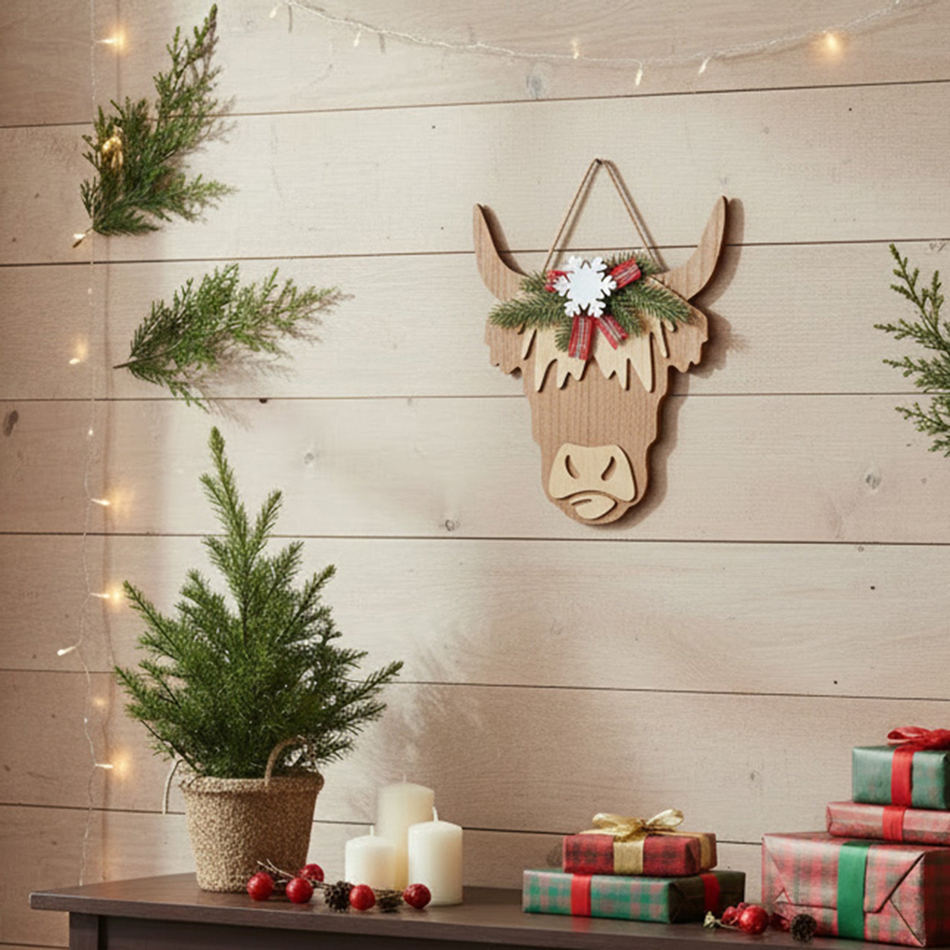 MDF Cow Shaped Wall Hanger with Winter Foliage, Winter, Wall Decor, Holiday Decor
