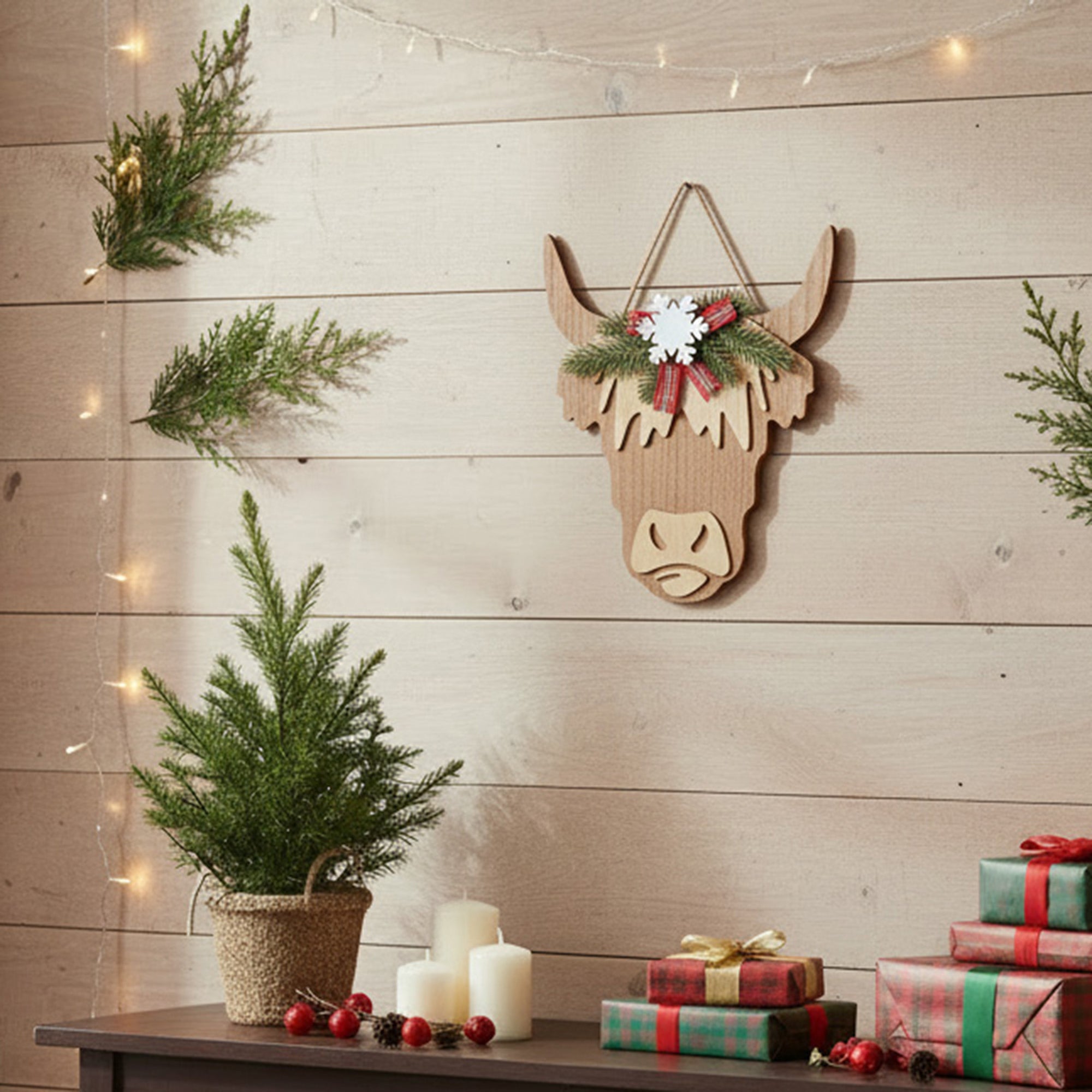 MDF Cow Shaped Wall Hanger with Winter Foliage, Winter, Wall Decor, Holiday Decor