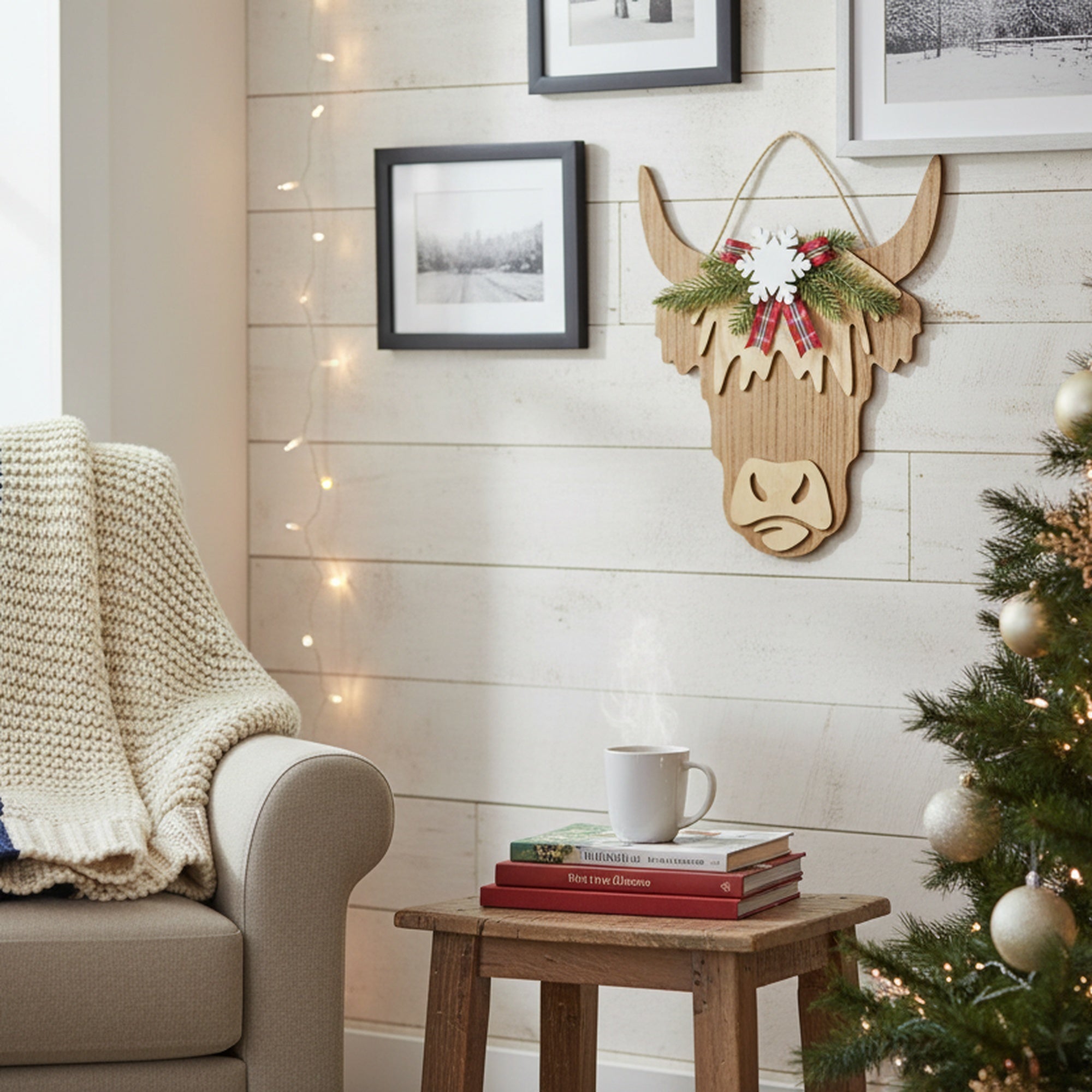 MDF Cow Shaped Wall Hanger with Winter Foliage, Winter, Wall Decor, Holiday Decor