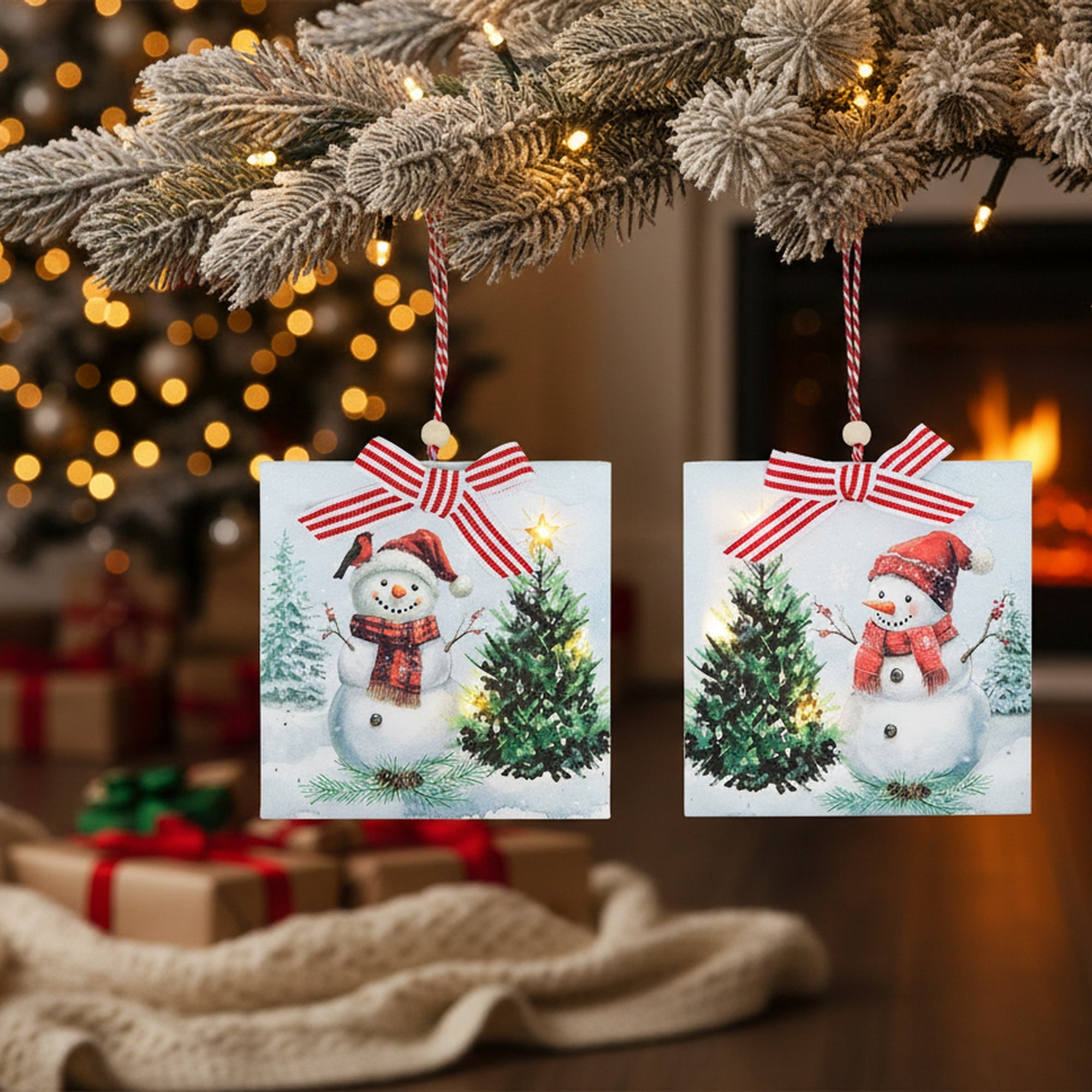 LED Canvas Ornament Snowman and Tree Assorted, Christmas, Ornament, Holiday Decor- Set of 2