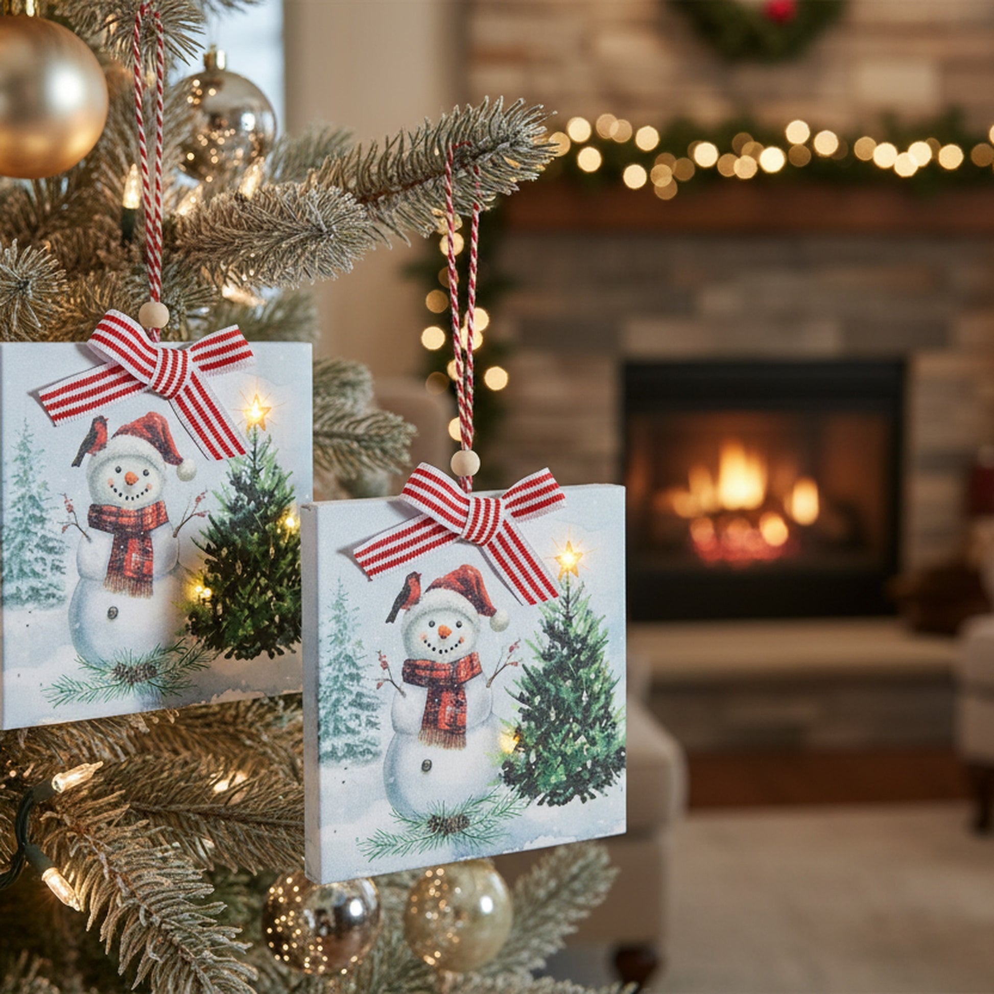 LED Canvas Ornament Snowman and Tree Assorted, Christmas, Ornament, Holiday Decor- Set of 2
