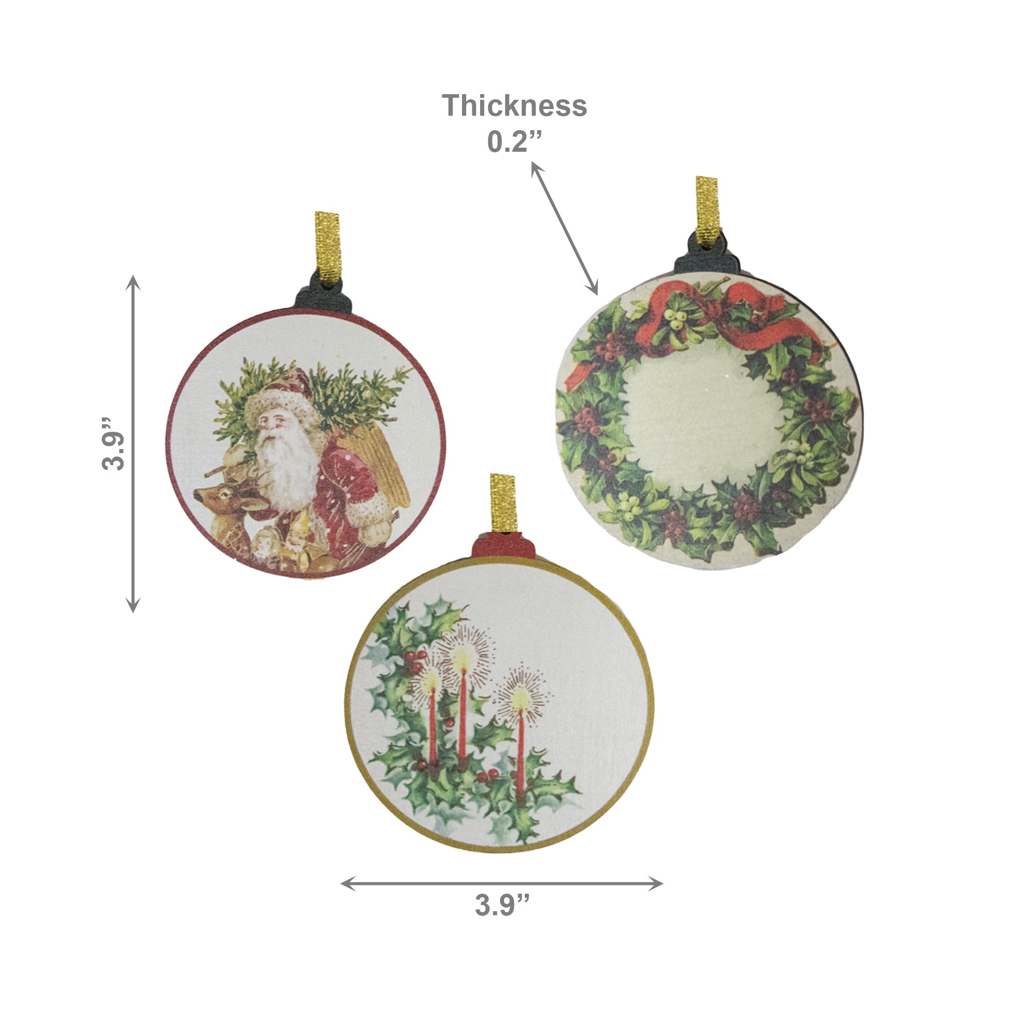 Round Wooden Ornament Christmas Icons Assorted, Christmas, Ornament, Holiday Decor- Set of 3