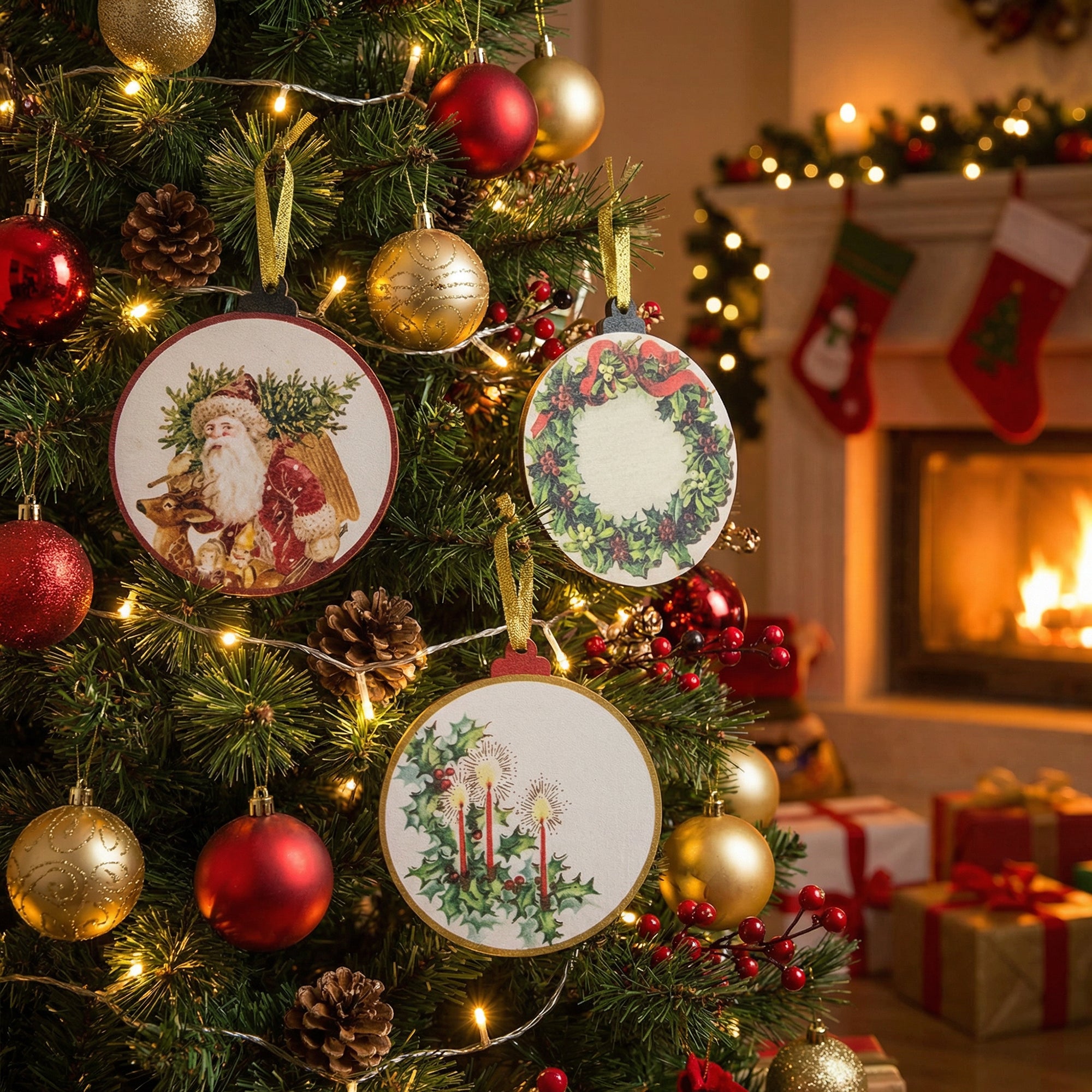 Round Wooden Ornament Christmas Icons Assorted, Christmas, Ornament, Holiday Decor- Set of 3