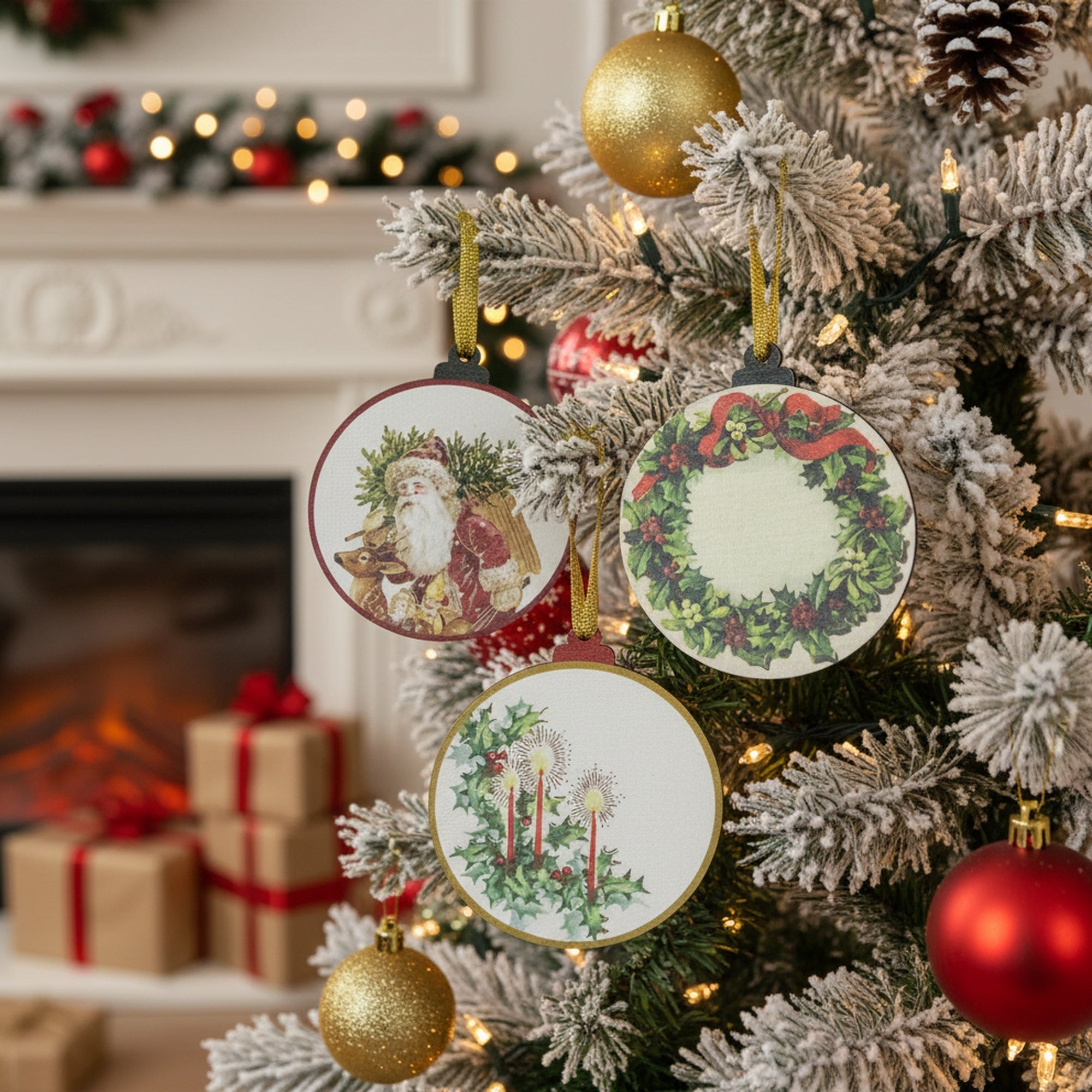 Round Wooden Ornament Christmas Icons Assorted, Christmas, Ornament, Holiday Decor- Set of 3