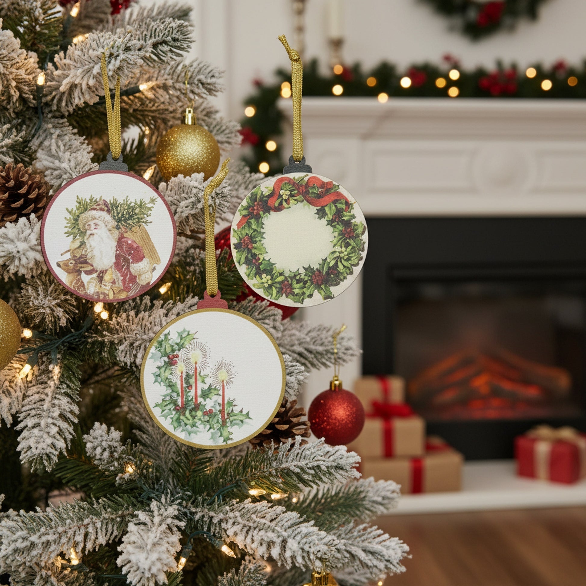 Round Wooden Ornament Christmas Icons Assorted, Christmas, Ornament, Holiday Decor- Set of 3