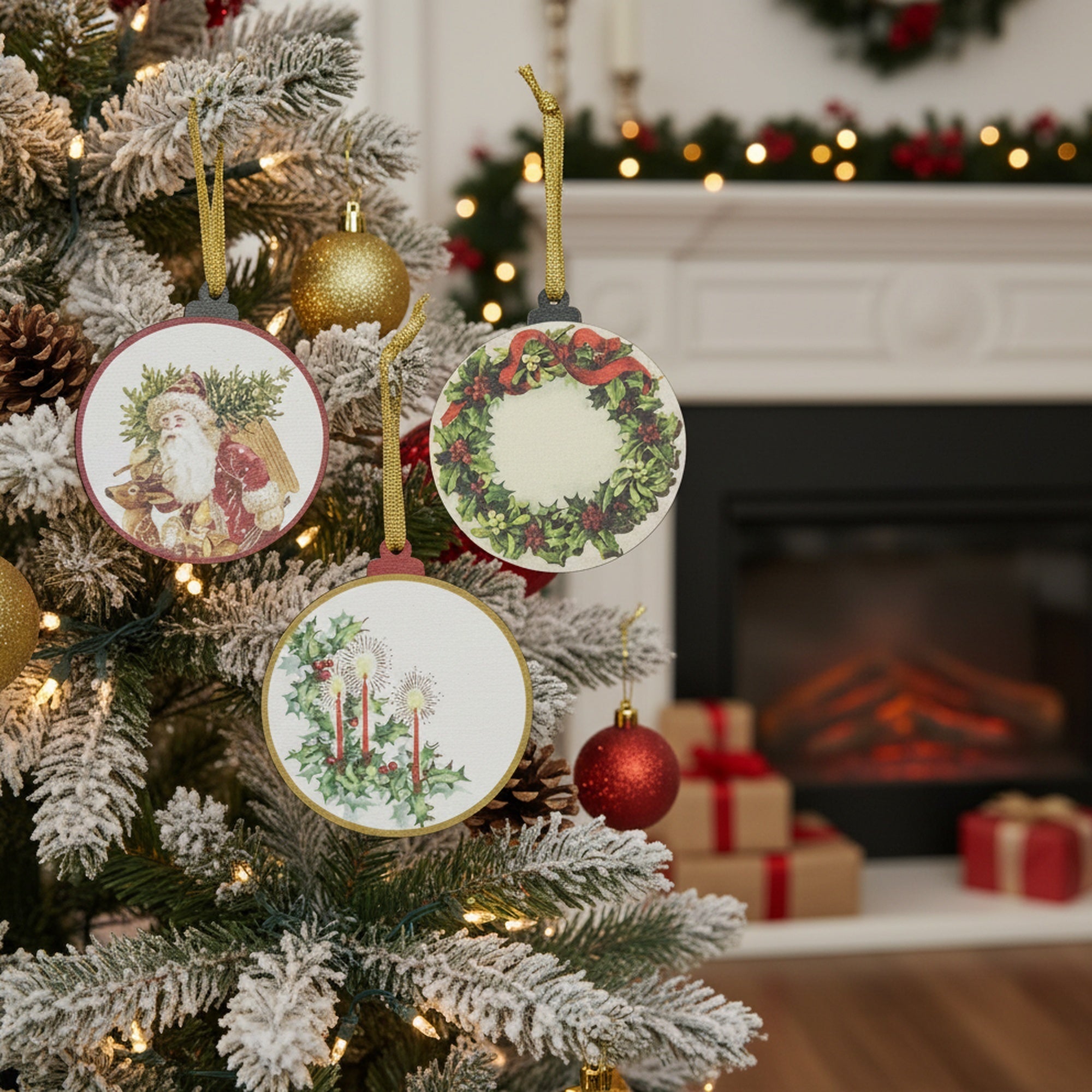 Round Wooden Ornament Christmas Icons Assorted, Christmas, Ornament, Holiday Decor- Set of 3