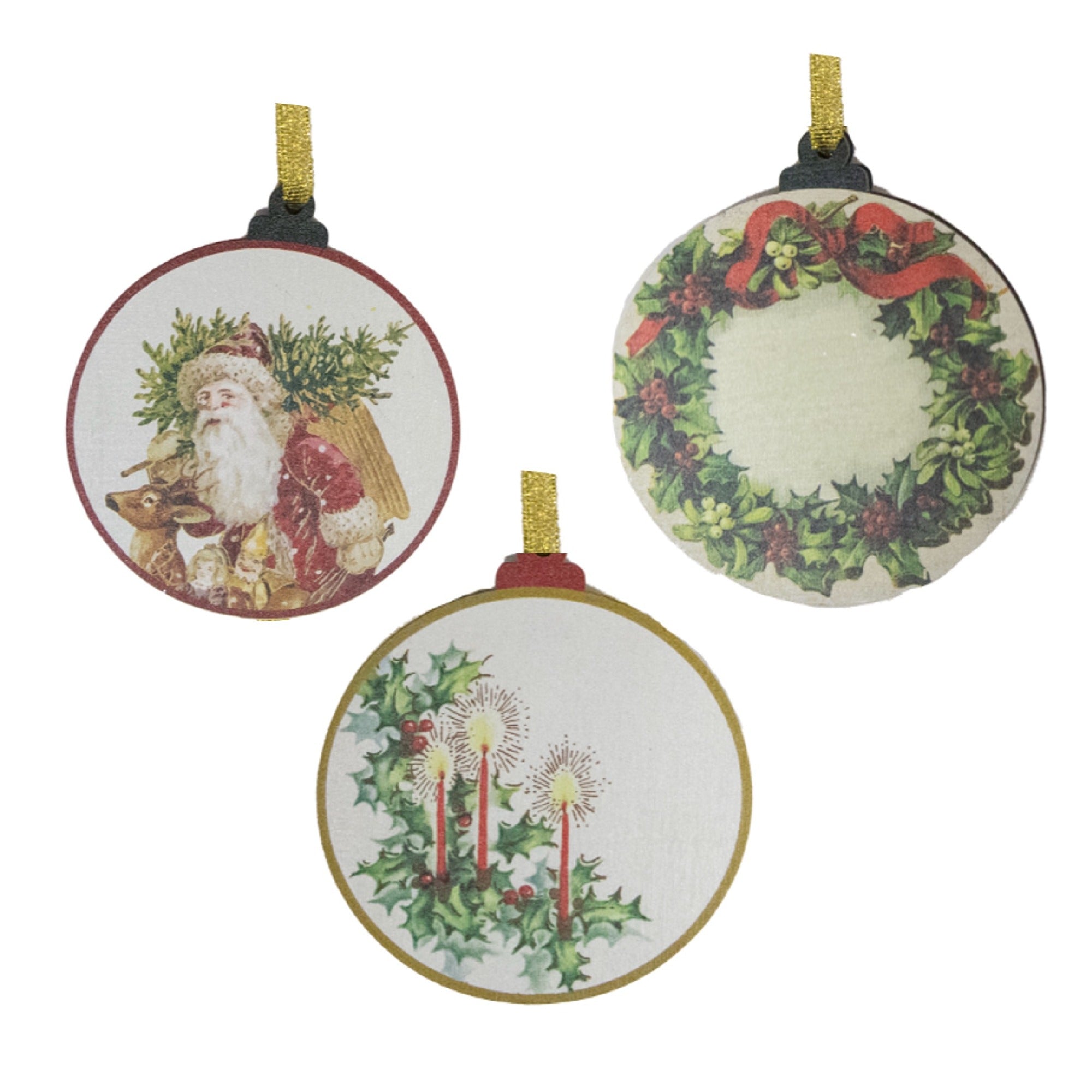 Round Wooden Ornament Christmas Icons Assorted, Christmas, Ornament, Holiday Decor- Set of 3