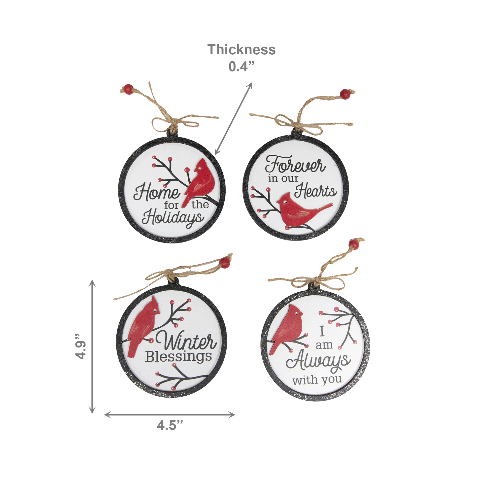 Round Wooden Ornament with Glitters Cardinal Assorted, Christmas, Ornament, Holiday Decor- Set of 4