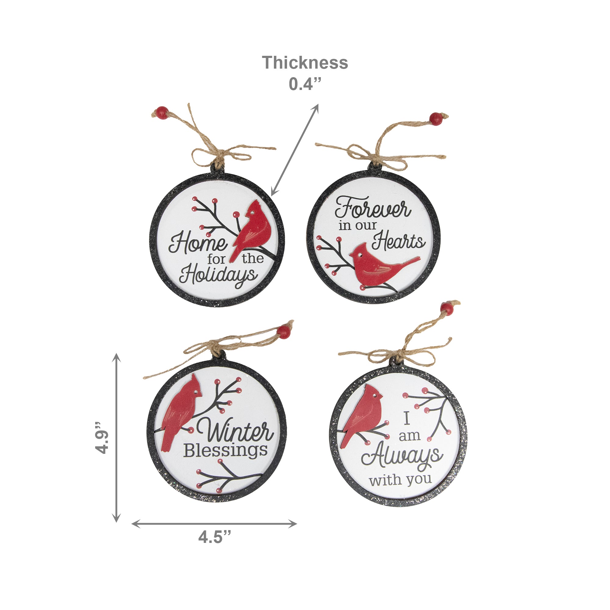 Round Wooden Ornament with Glitters Cardinal Assorted, Christmas, Ornament, Holiday Decor- Set of 4