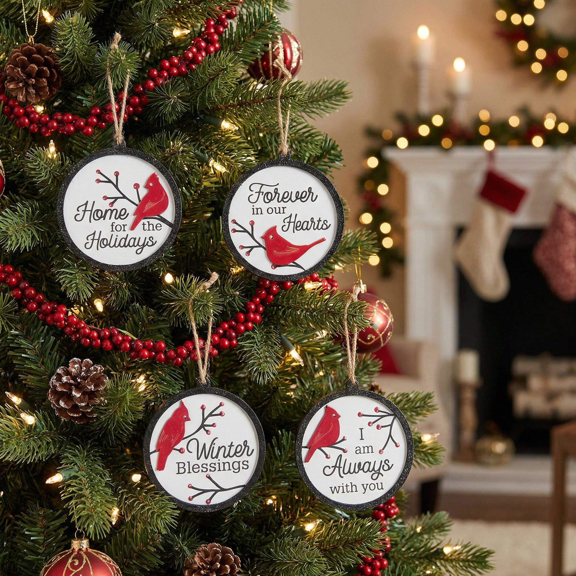 Round Wooden Ornament with Glitters Cardinal Assorted, Christmas, Ornament, Holiday Decor- Set of 4