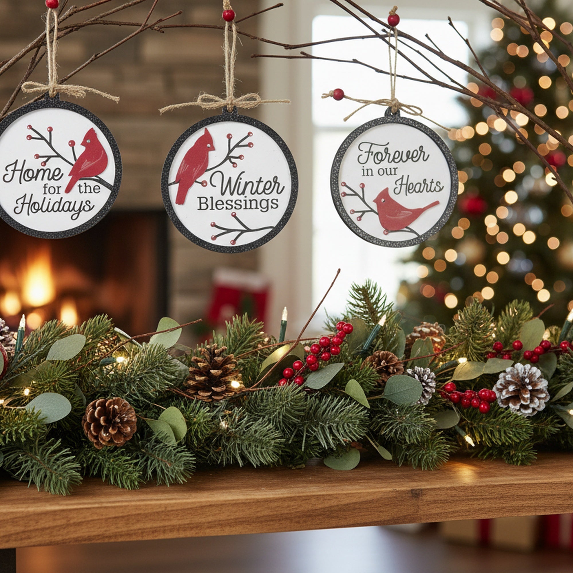 Round Wooden Ornament with Glitters Cardinal Assorted, Christmas, Ornament, Holiday Decor- Set of 4