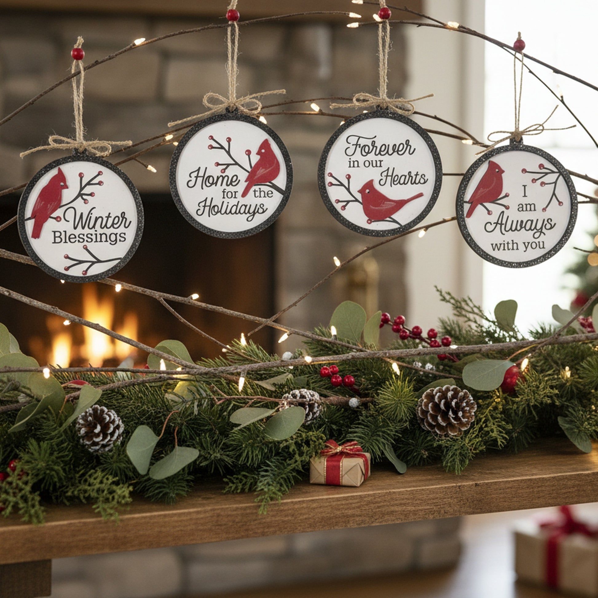Round Wooden Ornament with Glitters Cardinal Assorted, Christmas, Ornament, Holiday Decor- Set of 4
