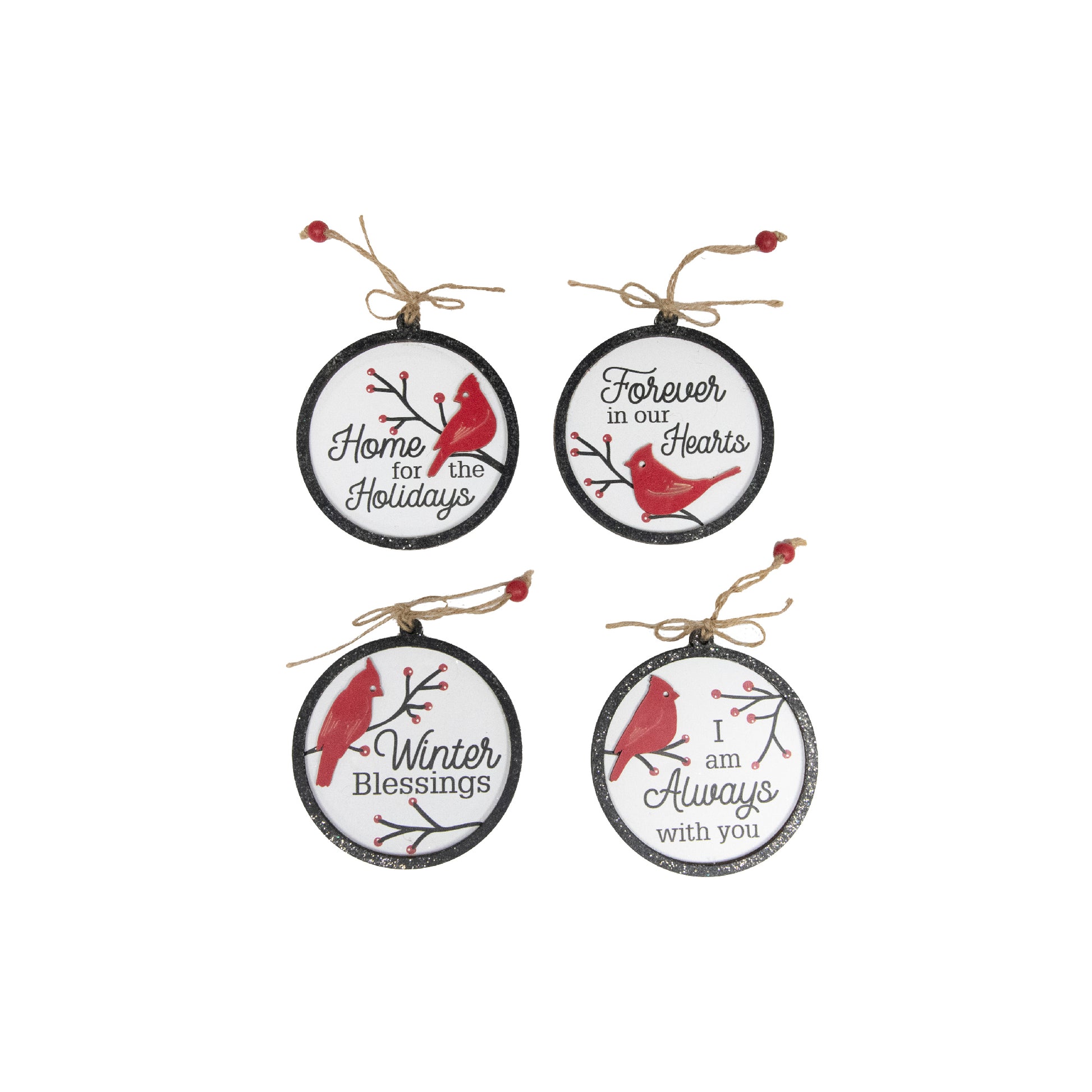 Round Wooden Ornament with Glitters Cardinal Assorted, Christmas, Ornament, Holiday Decor- Set of 4