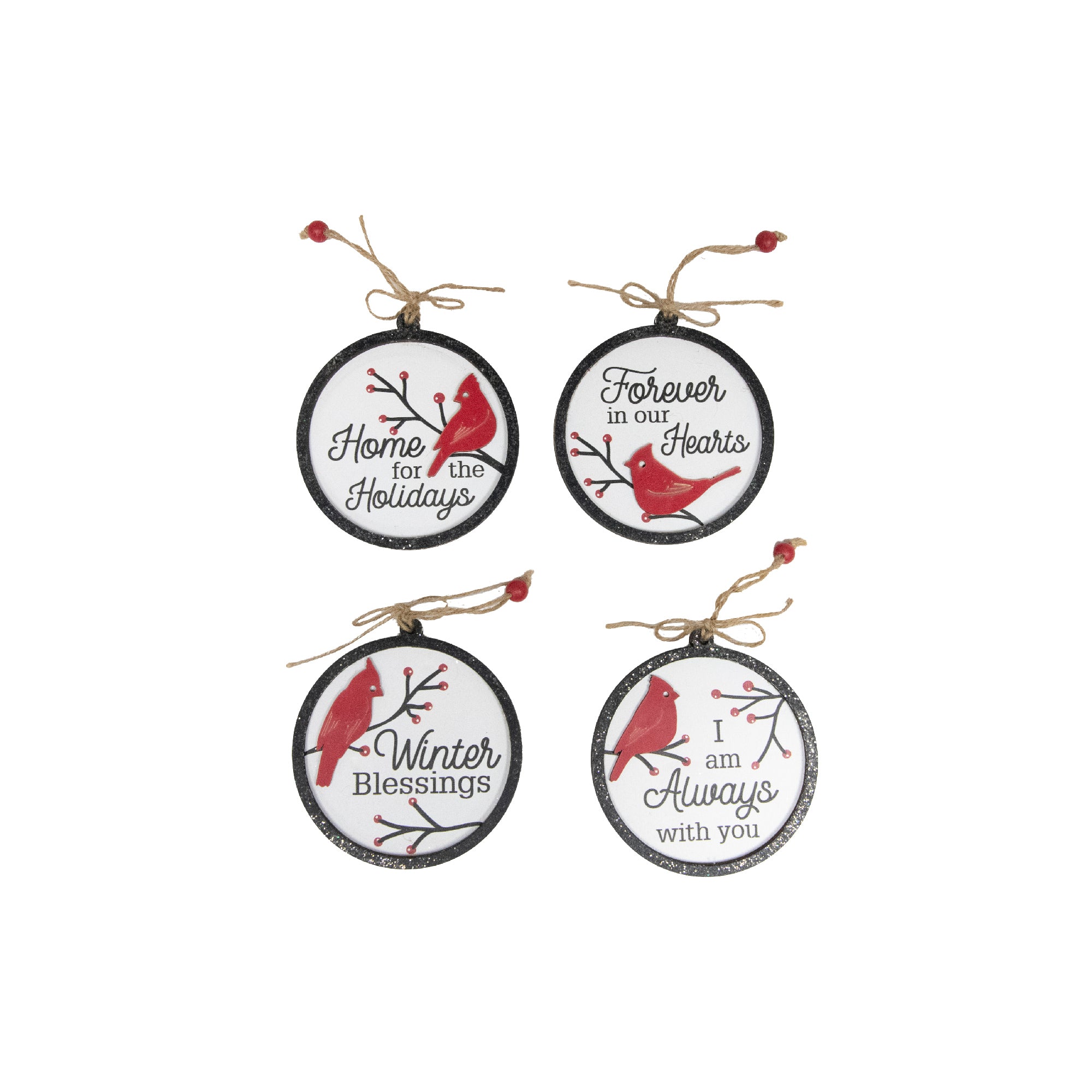 Round Wooden Ornament with Glitters Cardinal Assorted, Christmas, Ornament, Holiday Decor- Set of 4