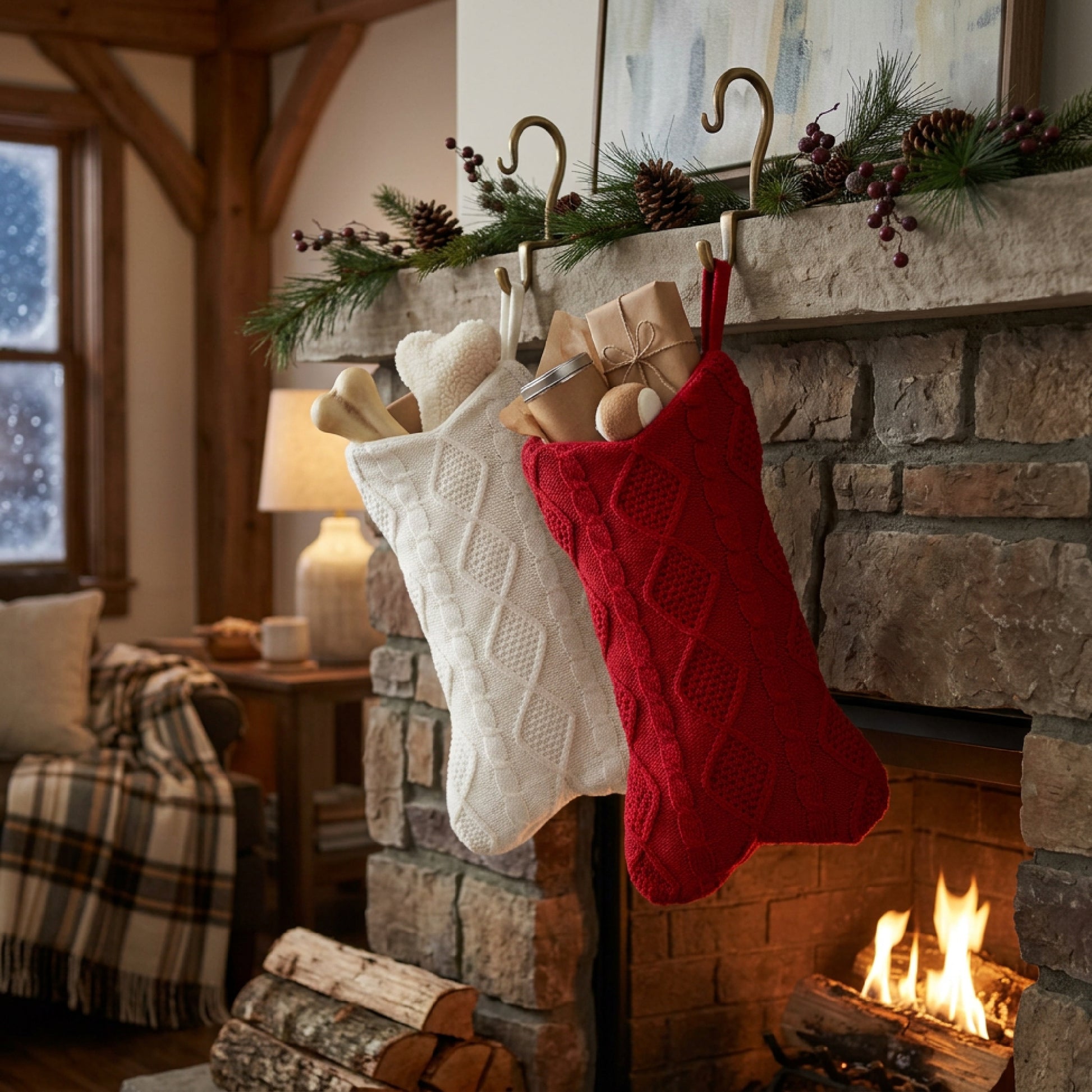 Bone Shaped Cable Knit Stocking Assorted, Christmas, Stocking, Holiday Decor- Set of 2