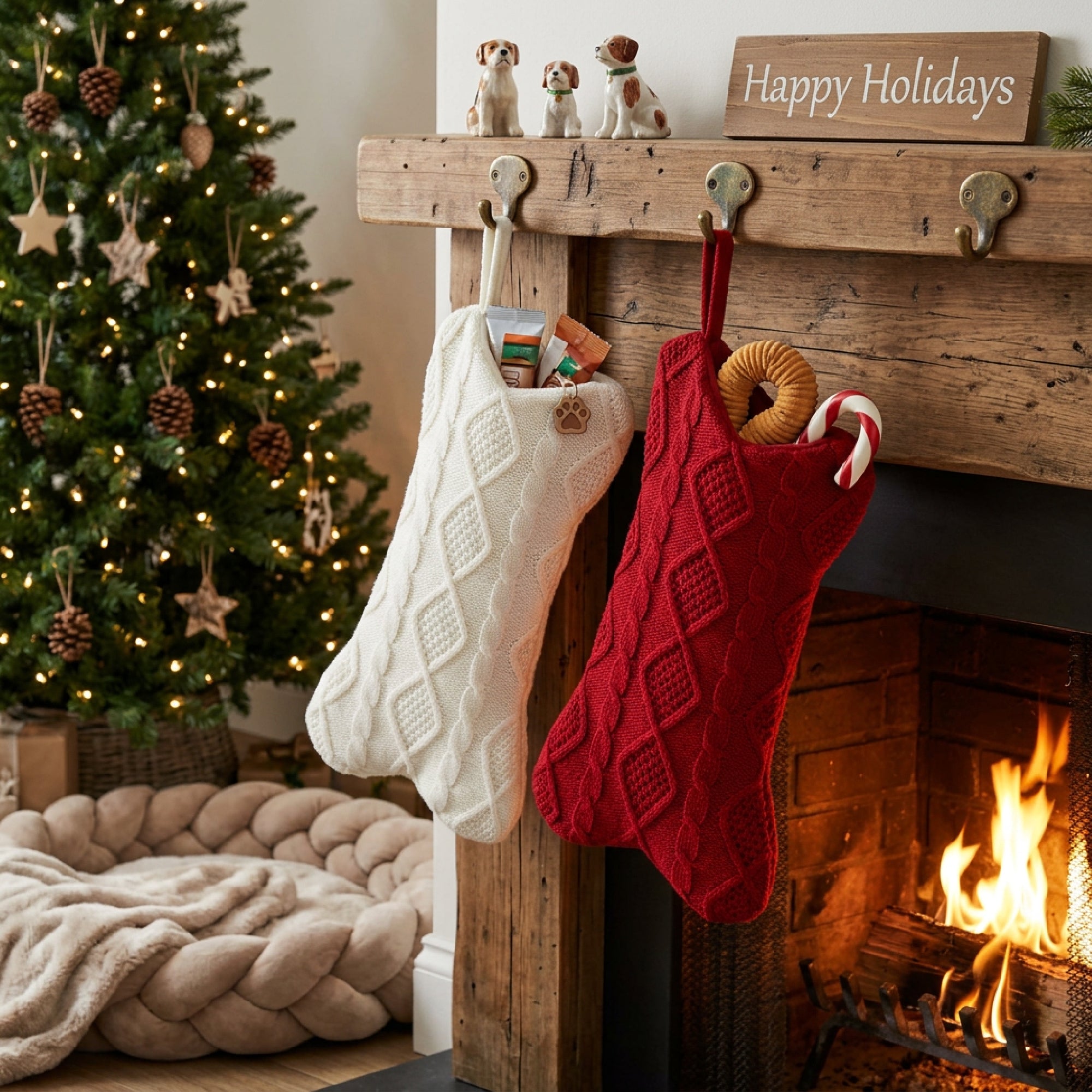 Bone Shaped Cable Knit Stocking Assorted, Christmas, Stocking, Holiday Decor- Set of 2
