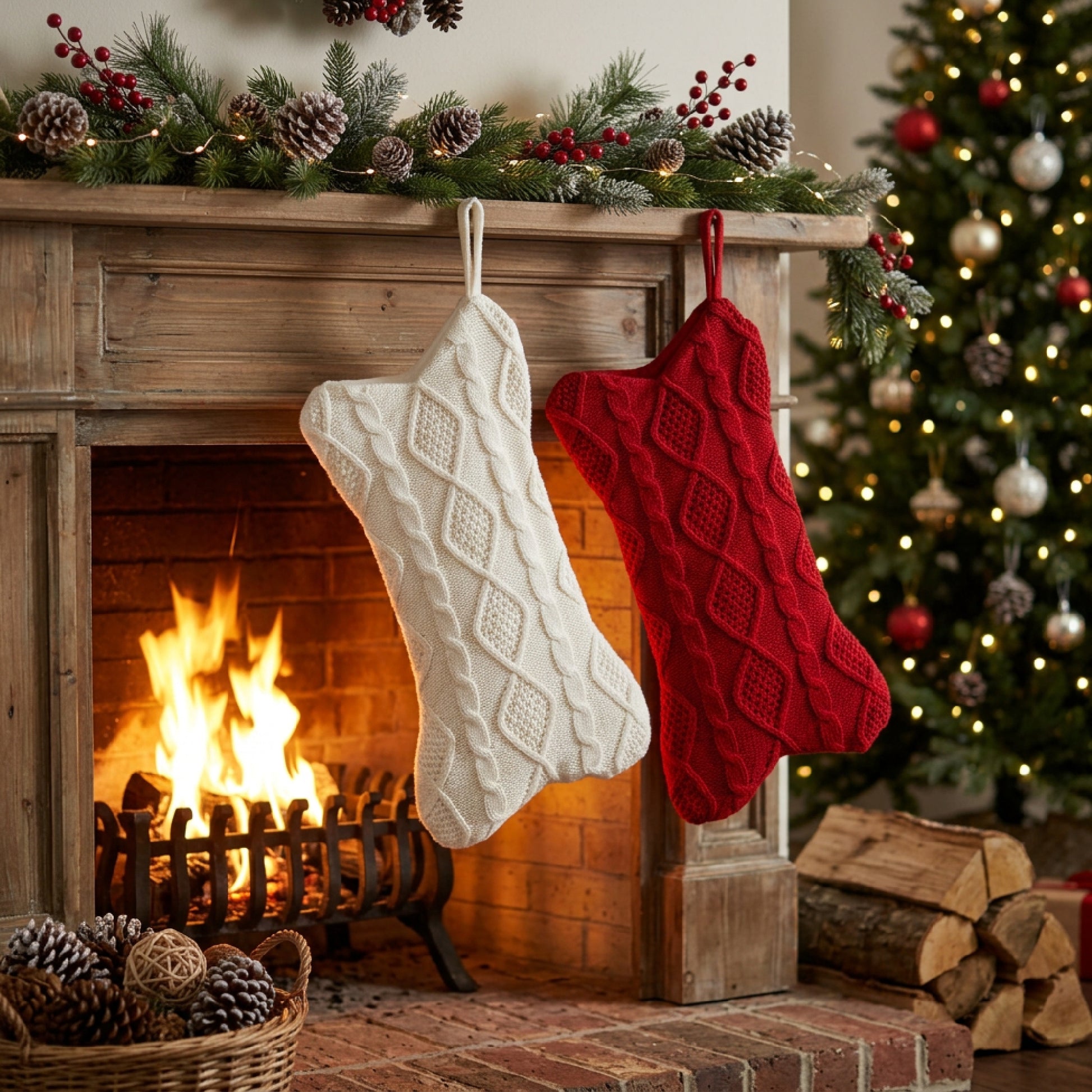 Bone Shaped Cable Knit Stocking Assorted, Christmas, Stocking, Holiday Decor- Set of 2