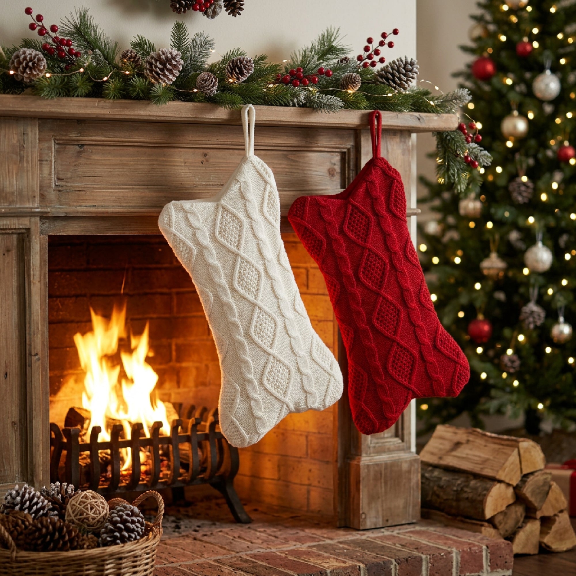 Bone Shaped Cable Knit Stocking Assorted, Christmas, Stocking, Holiday Decor- Set of 2
