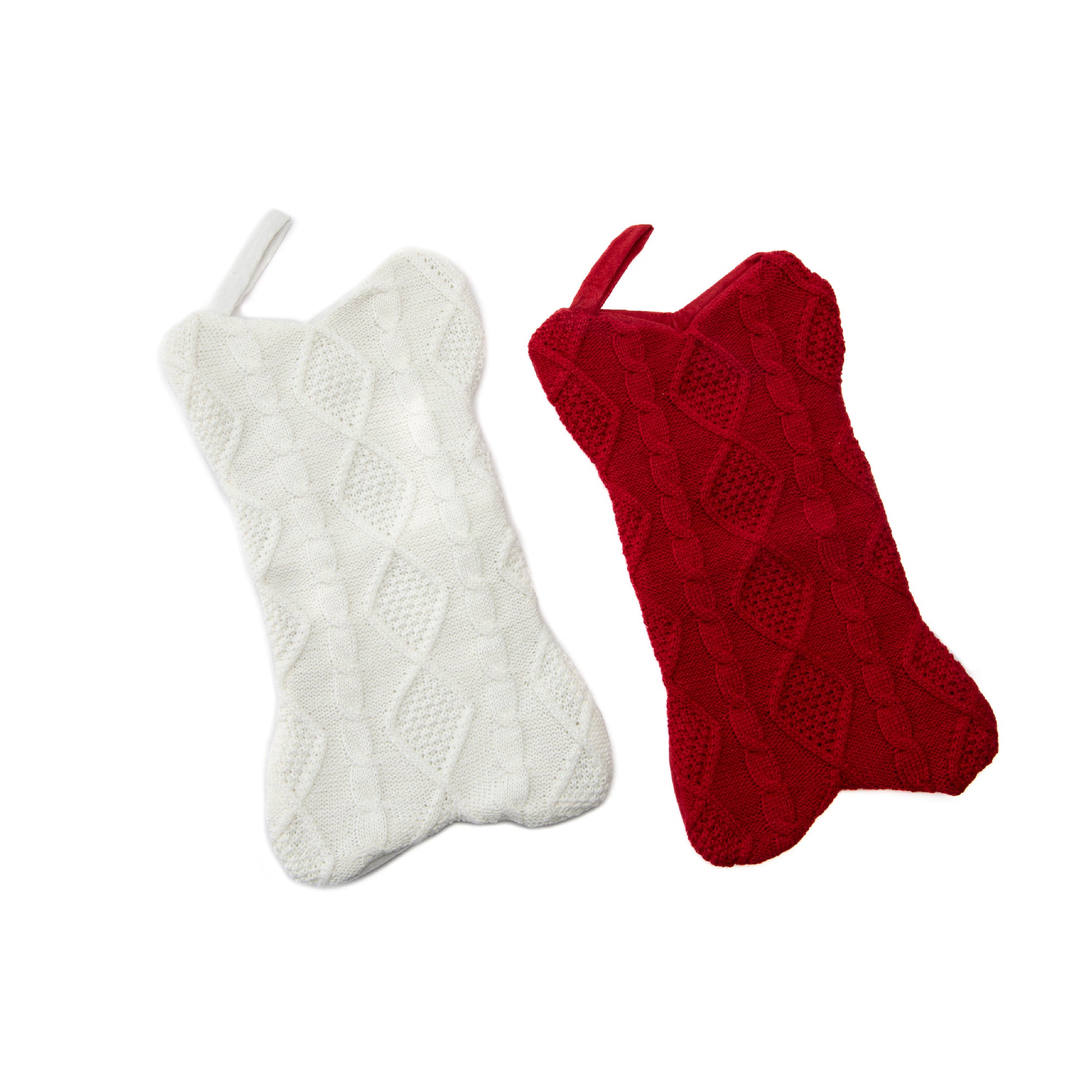 Bone Shaped Cable Knit Stocking Assorted, Christmas, Stocking, Holiday Decor- Set of 2