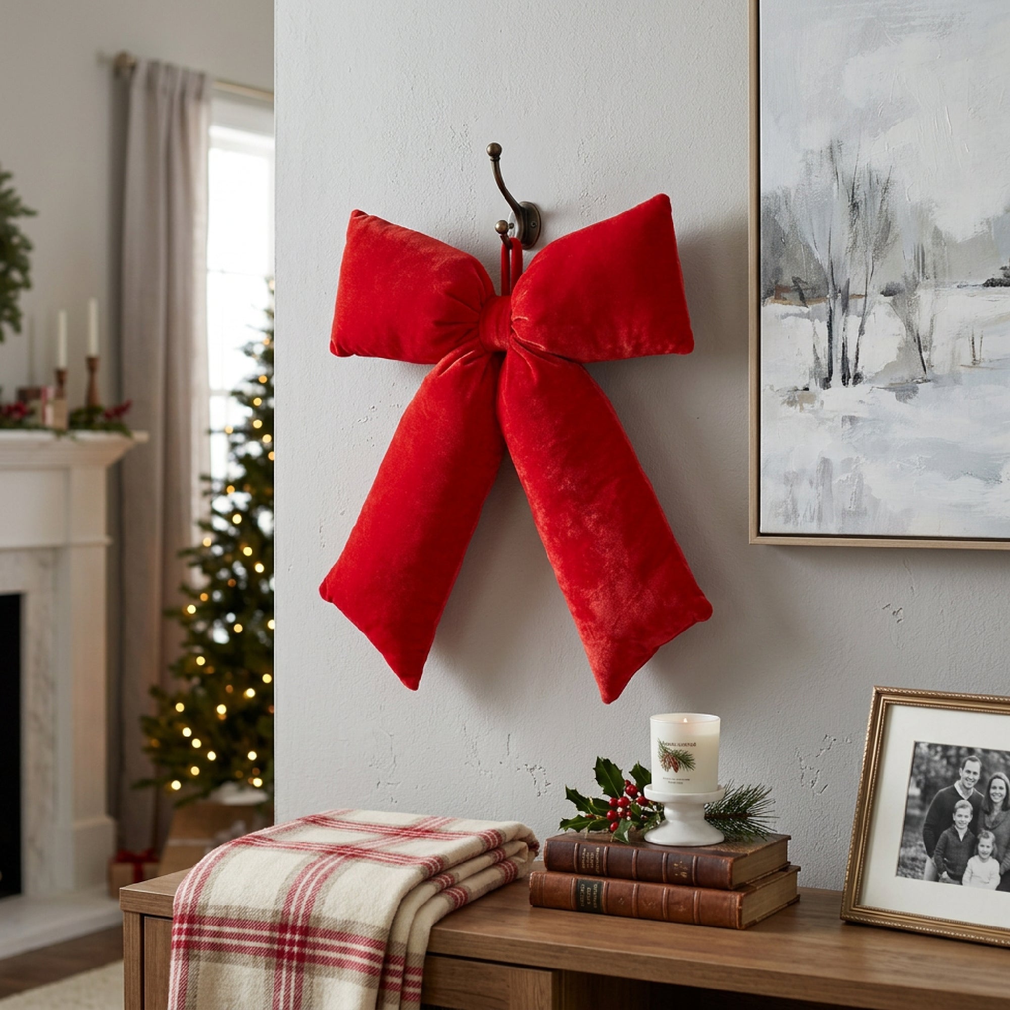 Stuffed Red Velvet Bow Wall Hanger, Wall Decor, Holiday Decor- Set of 2