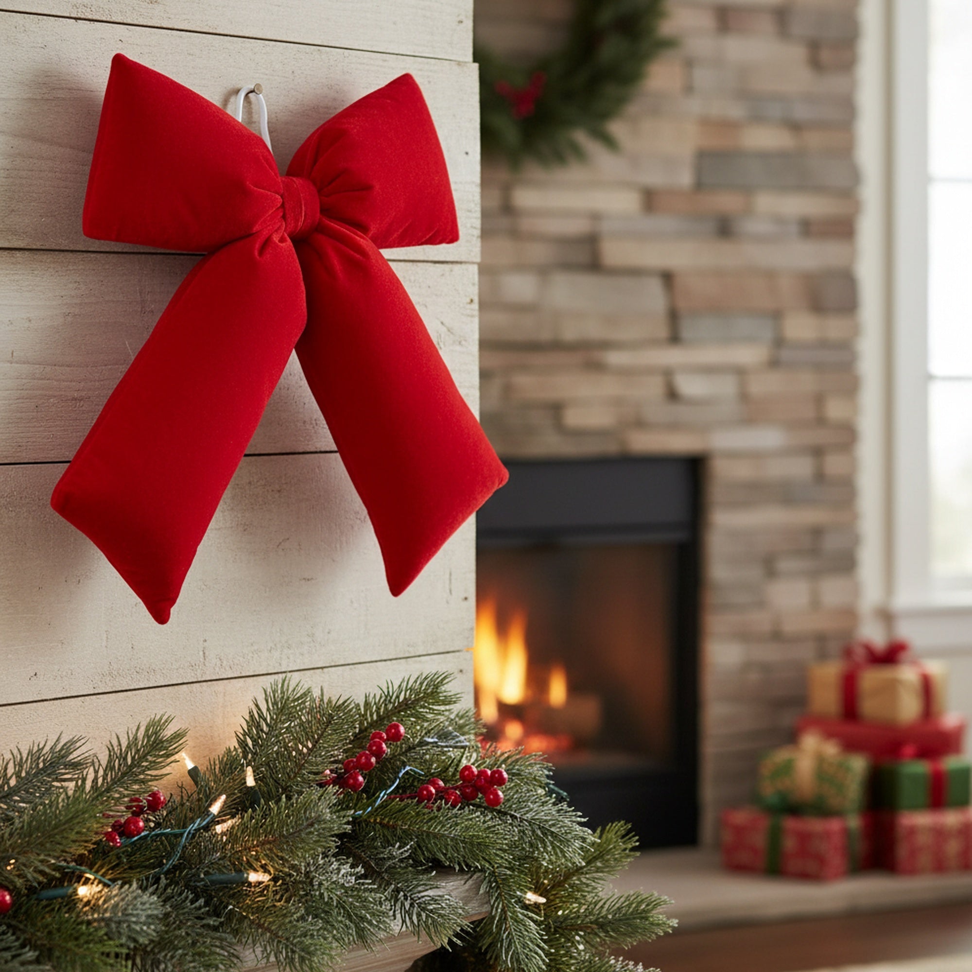 Stuffed Red Velvet Bow Wall Hanger, Wall Decor, Holiday Decor- Set of 2