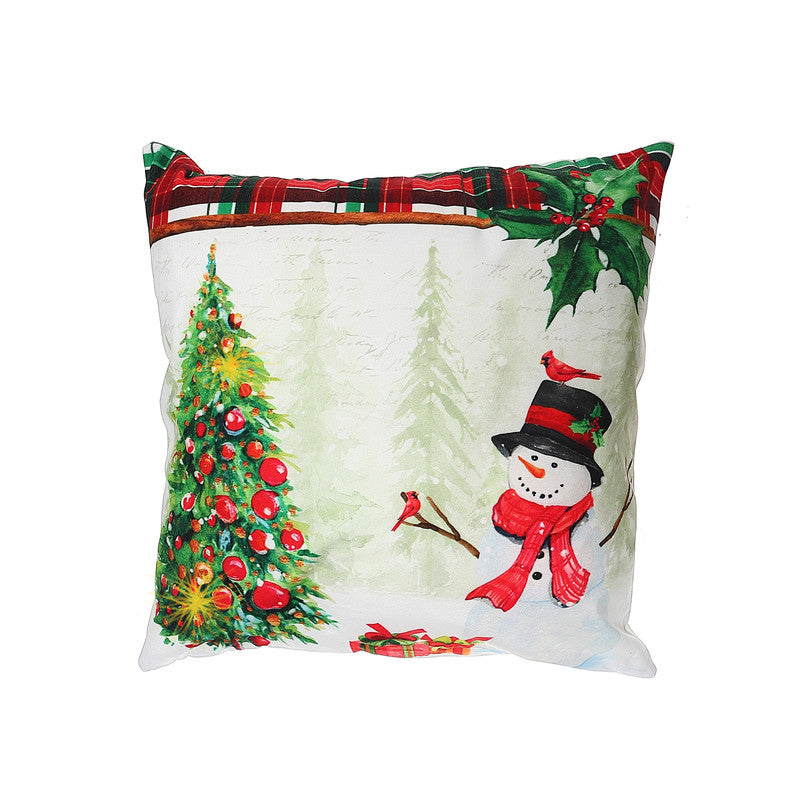 LED Velvet Cushion – Snowman with Tree, 18x18, Holiday Accent Pillow, Set of 2