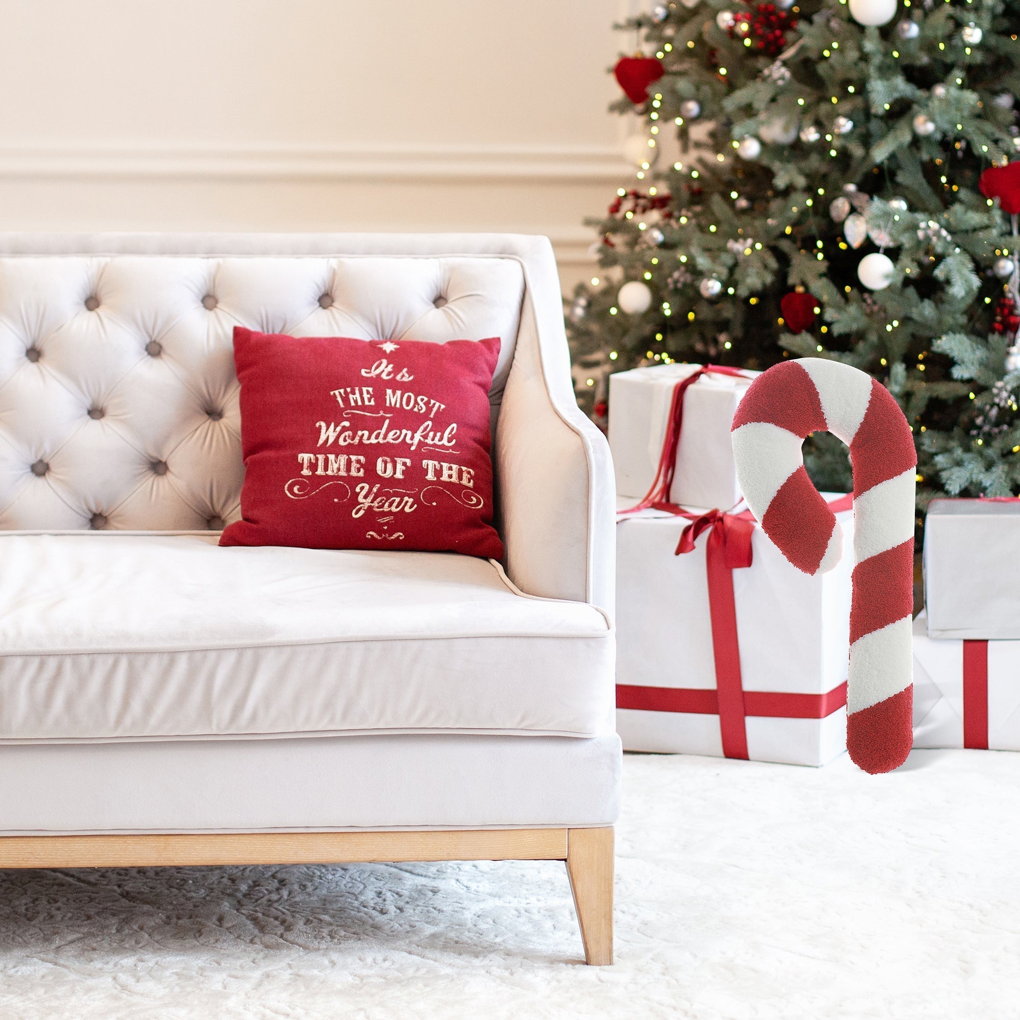 Cotton Candy Cane Shaped Cushion with 380 Gram Filler - Set of 2, Christmas Pillow, Holiday Decor, Festive Cushion