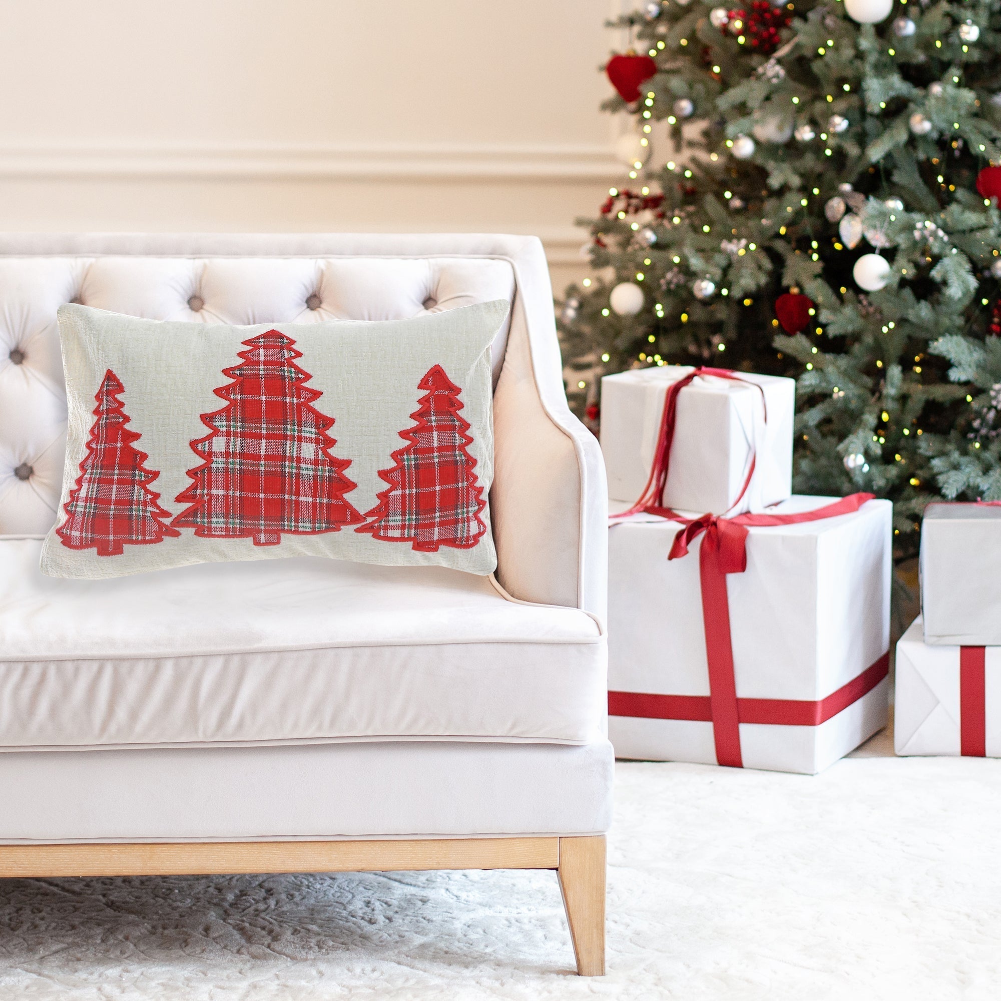 Polyester Embroidered Plaid Tree Cushion with 350 Gram Filler - Set of 2, Christmas Pillow, Holiday Home Accent, Festive Throw Pillow