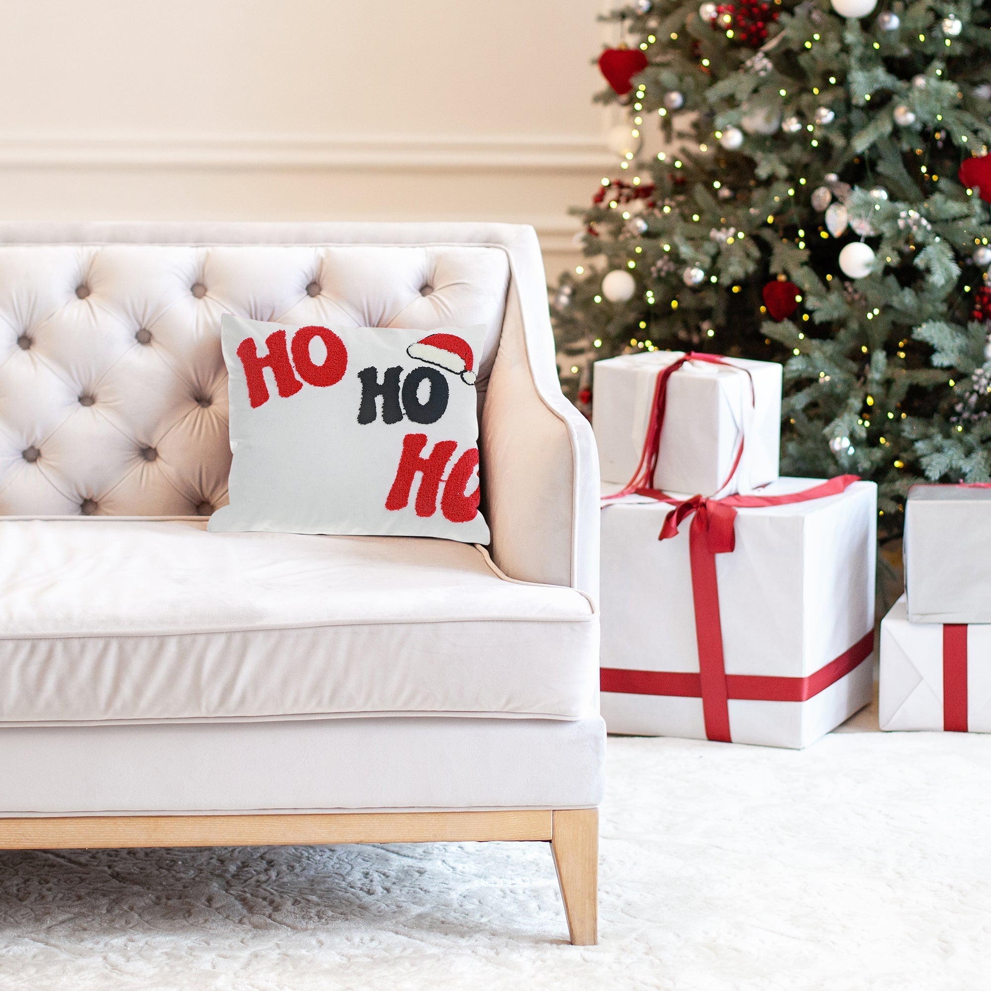 Cotton Embroidered Ho Ho Ho Cushion with 380 Gram Filler - Set of 2, Christmas Pillow, Holiday Decor, Festive Accent