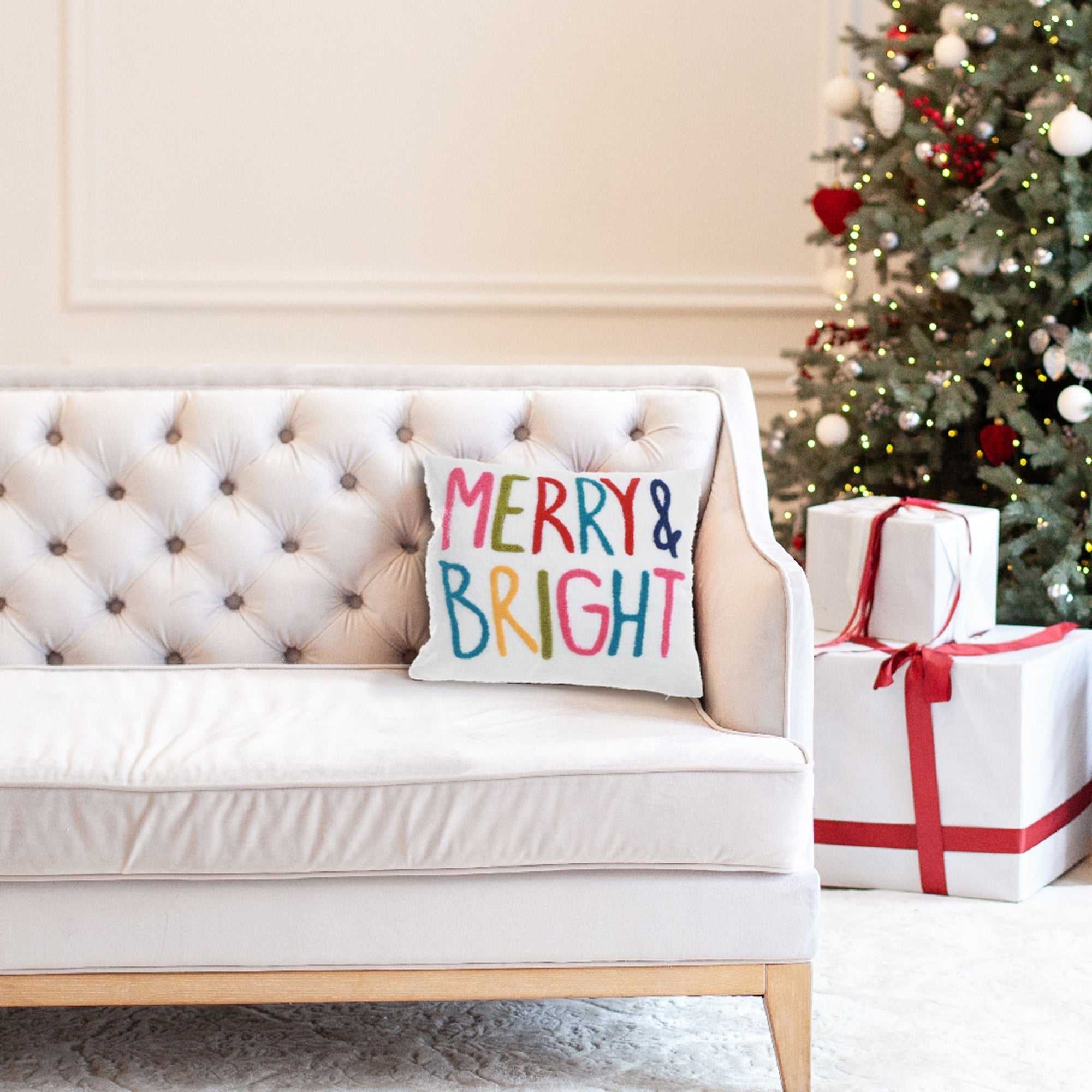 Polyester Embroidered Merry and Bright Cushion with 380 Gram Filler - Set of 2, Holiday Pillow, Christmas Home Accent, Festive Throw Pillow