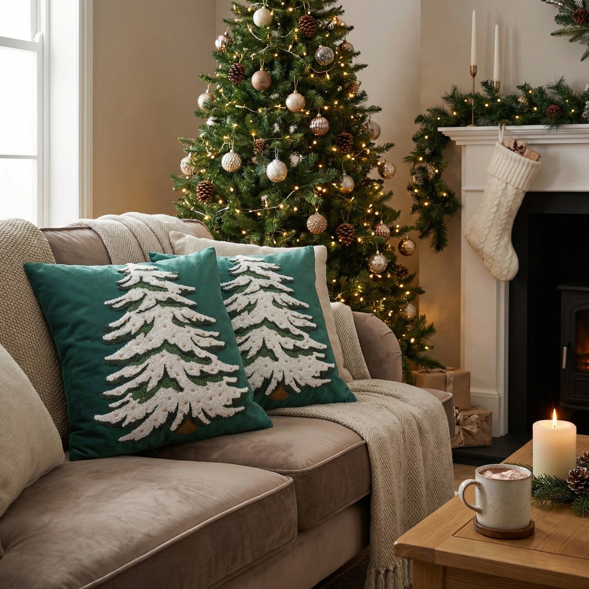 Polyester Embroidered Cushion White Tree, Throw Pillow, Holiday Decor- Set of 2