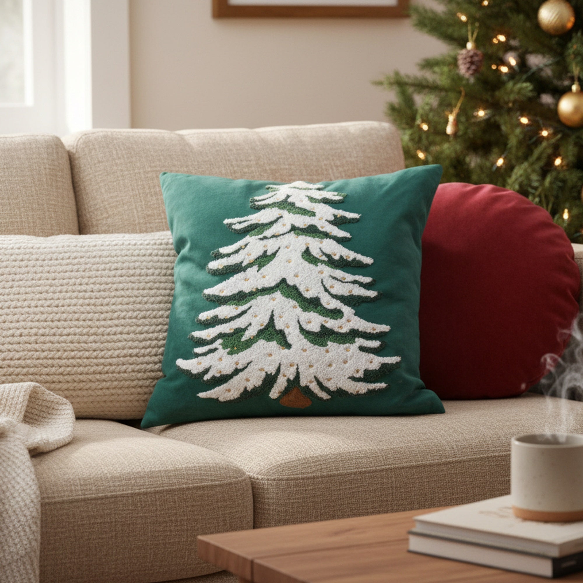 Polyester Embroidered Cushion White Tree, Throw Pillow, Holiday Decor- Set of 2
