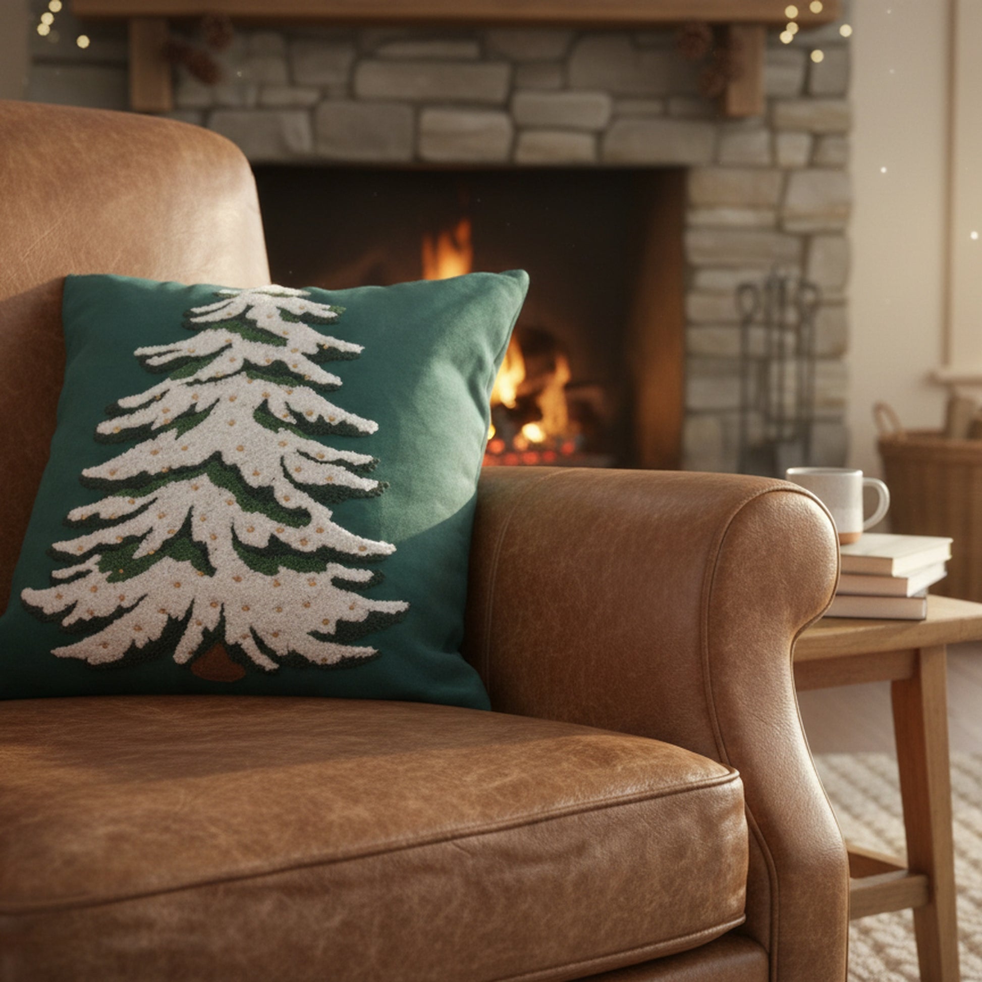 Polyester Embroidered Cushion White Tree, Throw Pillow, Holiday Decor- Set of 2