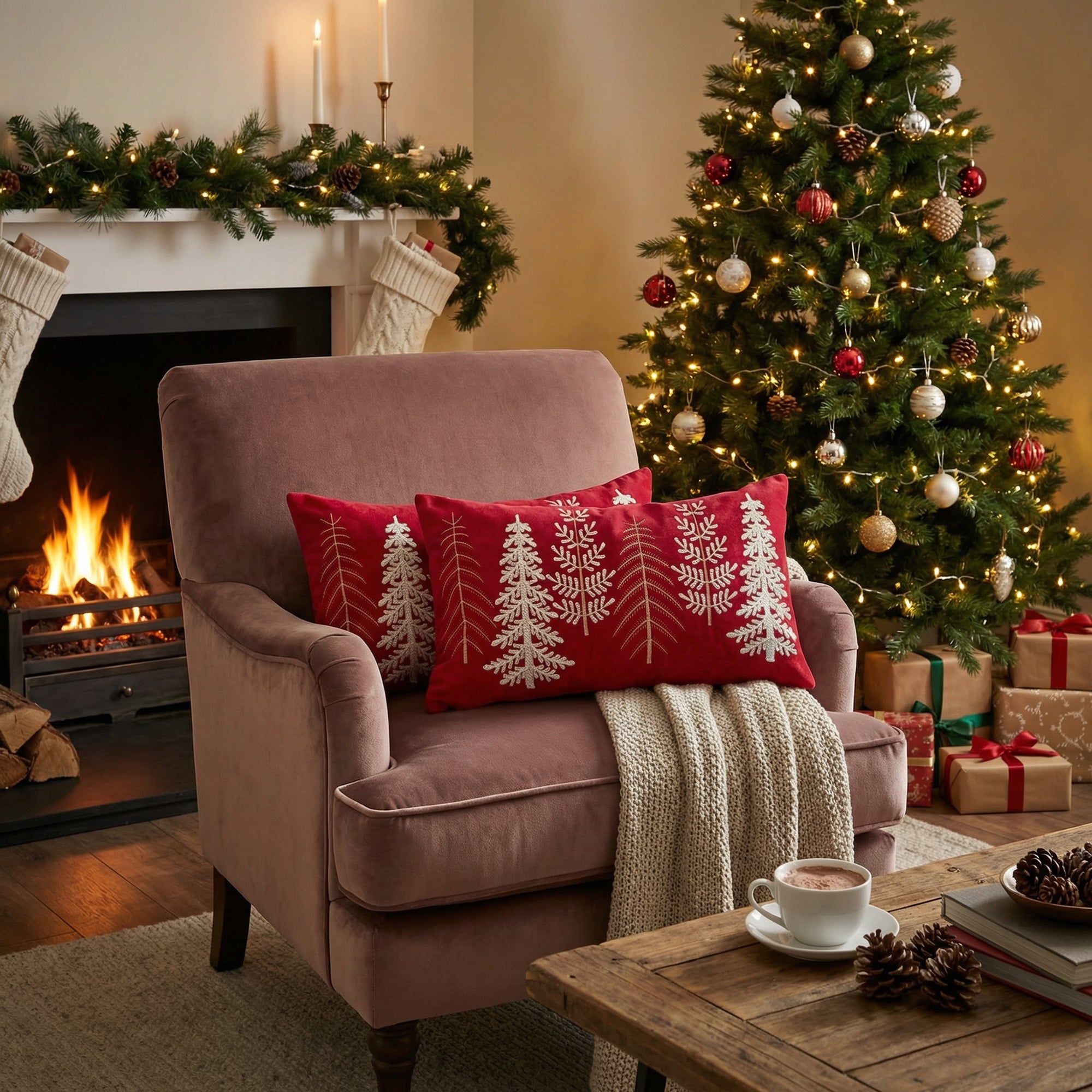 Polyester Embroidered Cushion Trees Red, Throw Pillow, Holiday Decor- Set of 2