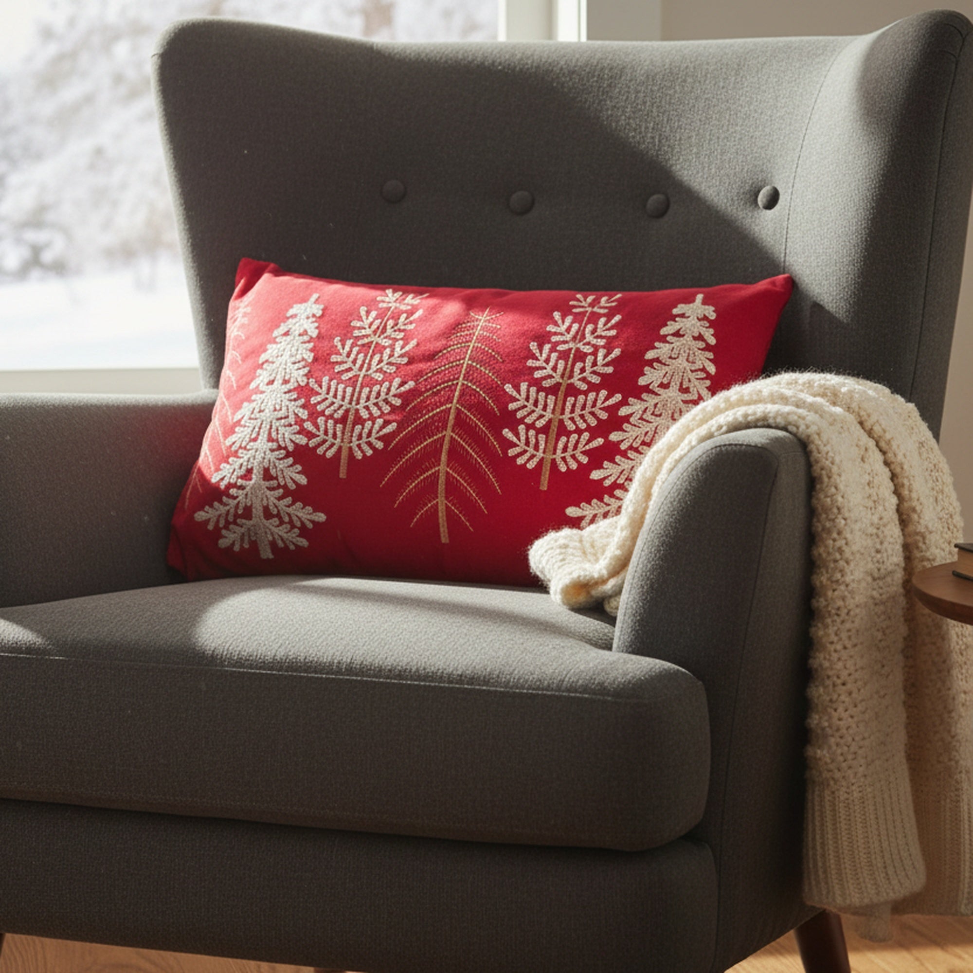 Polyester Embroidered Cushion Trees Red, Throw Pillow, Holiday Decor- Set of 2