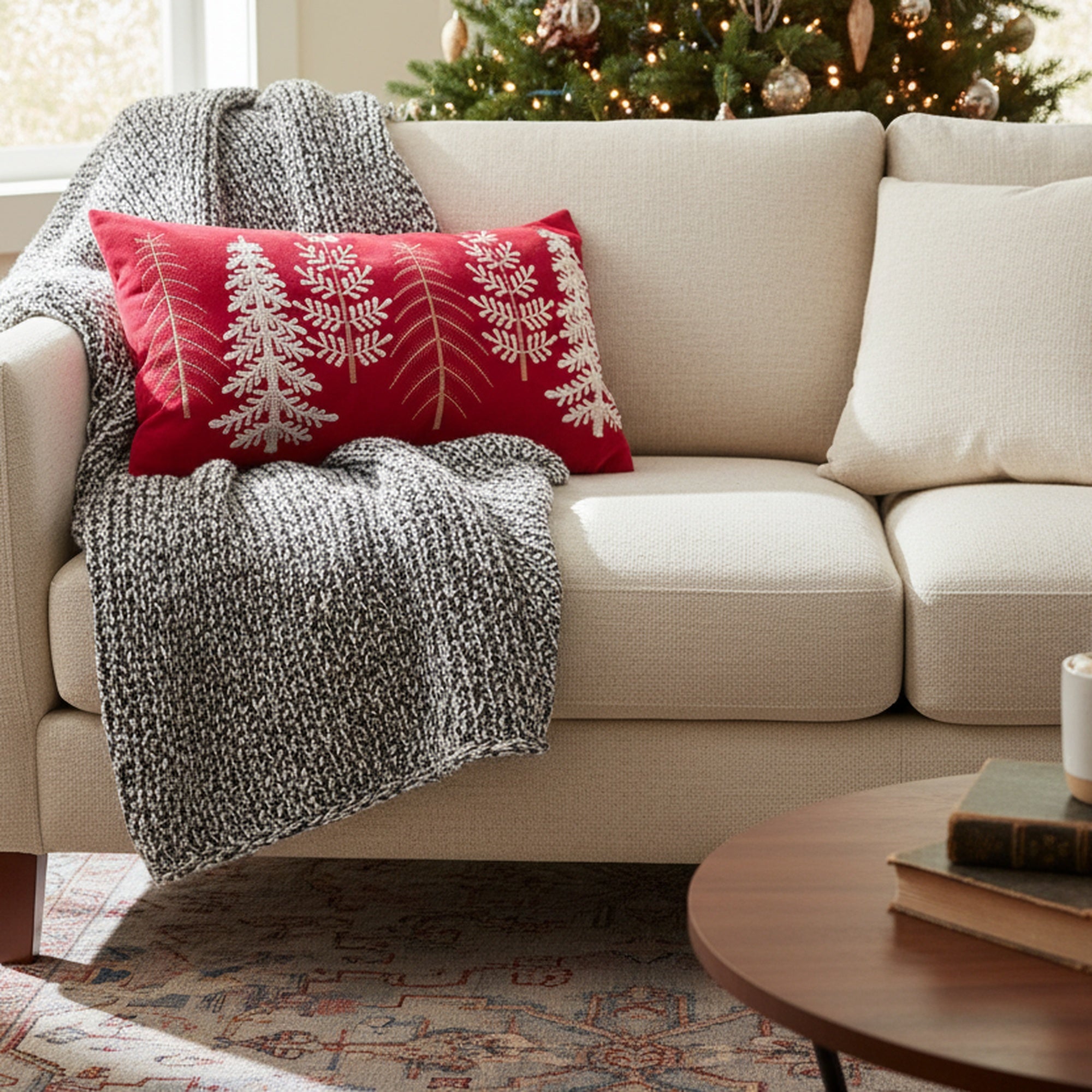 Polyester Embroidered Cushion Trees Red, Throw Pillow, Holiday Decor- Set of 2