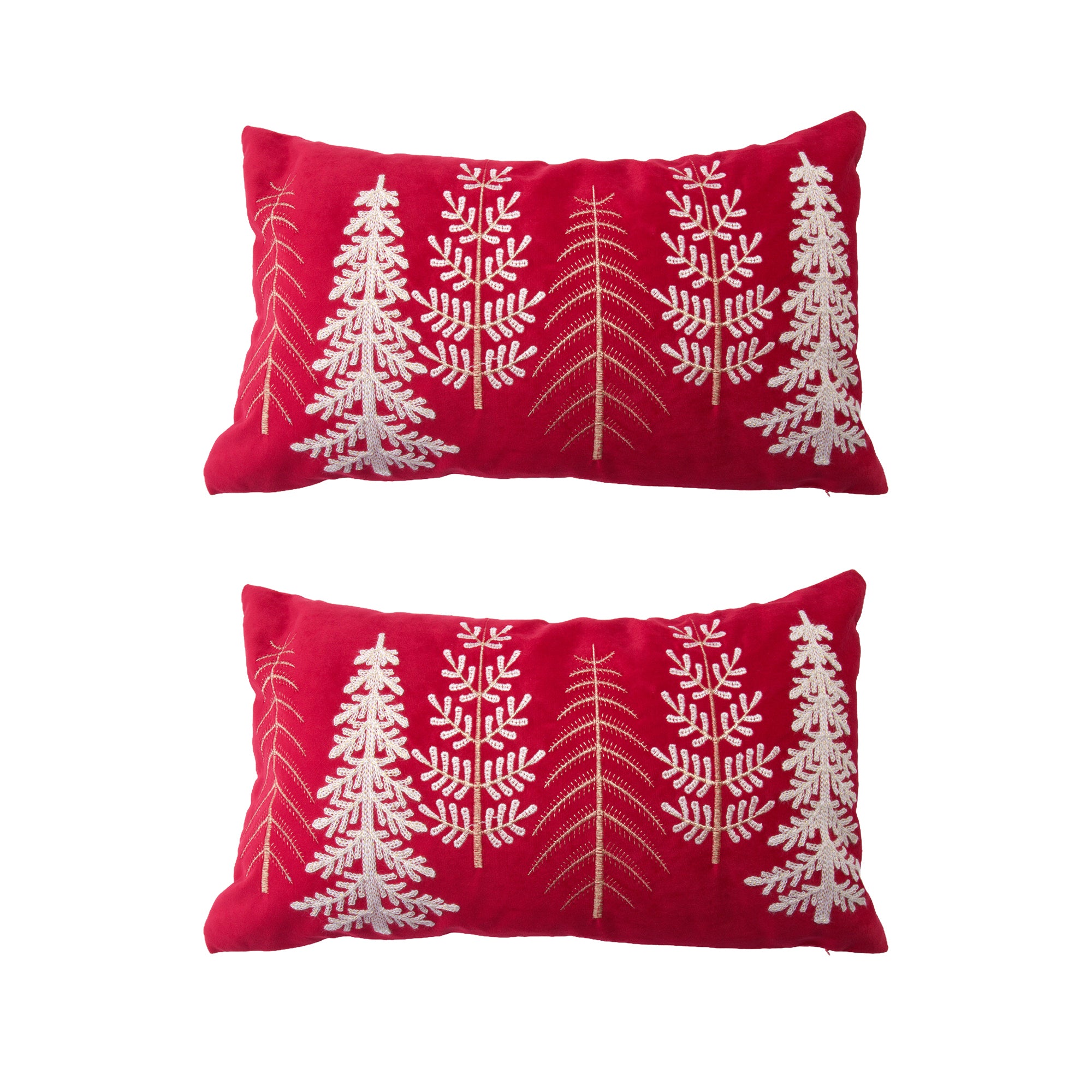Polyester Embroidered Cushion Trees Red, Throw Pillow, Holiday Decor- Set of 2