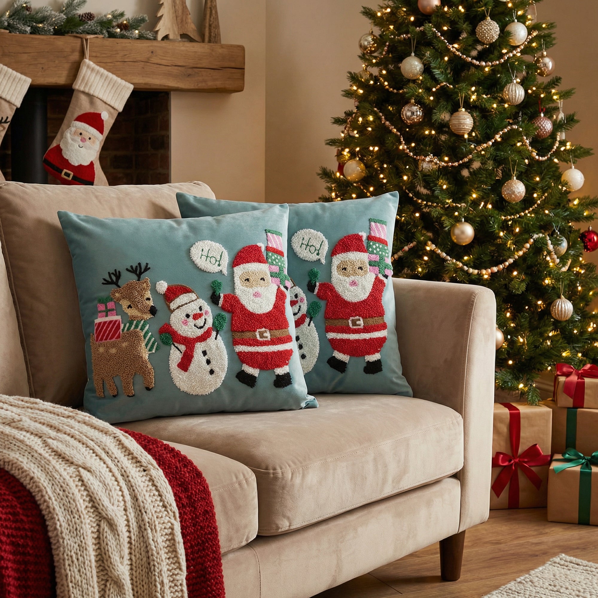 Polyester Embroidered Cushion Deer, Snowman & Santa, Christmas, Throw Pillow, Holiday Decor- Set of 2