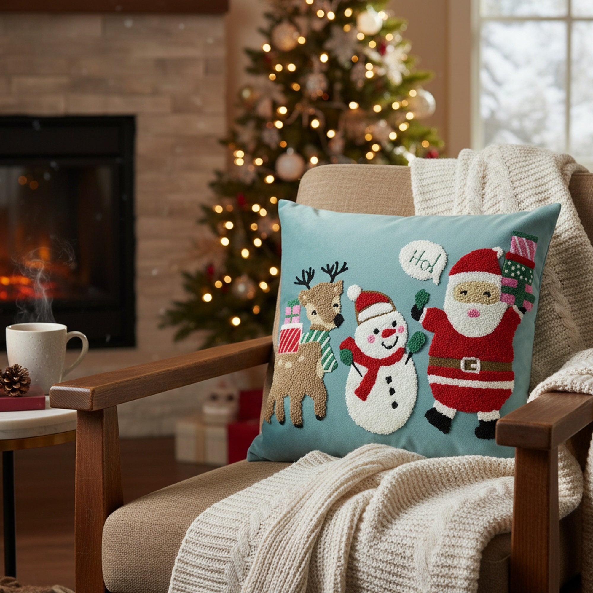 Polyester Embroidered Cushion Deer, Snowman & Santa, Christmas, Throw Pillow, Holiday Decor- Set of 2