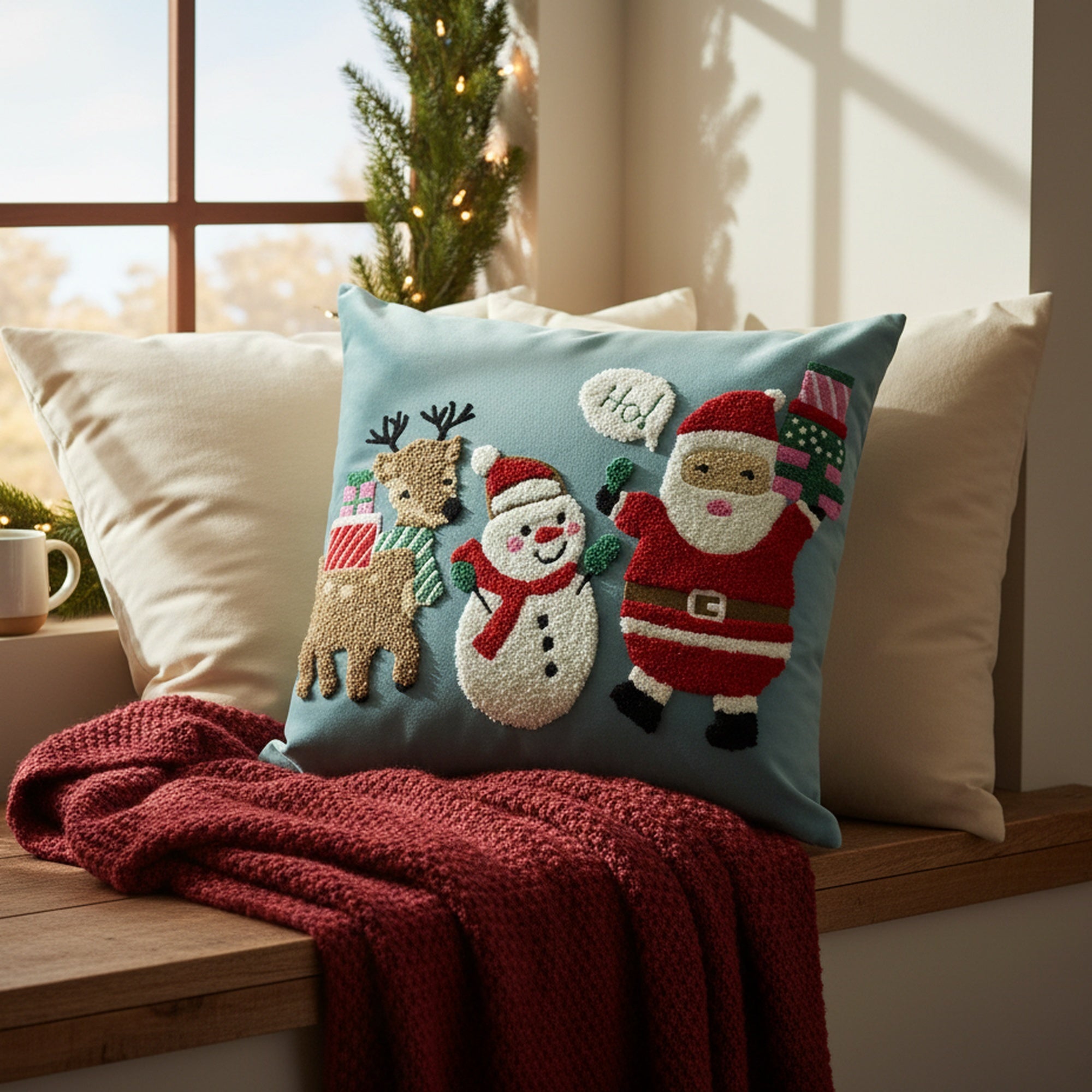 Polyester Embroidered Cushion Deer, Snowman & Santa, Christmas, Throw Pillow, Holiday Decor- Set of 2