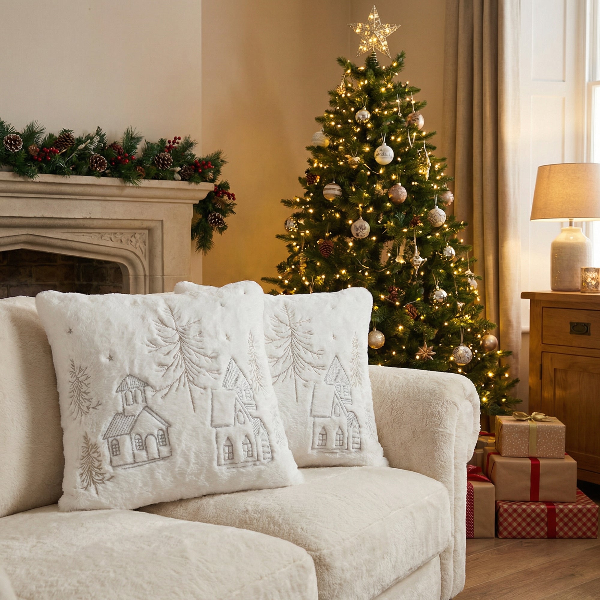 Polyester Embroidered Cushion Winter Village, Winter, Throw Pillow, Holiday Decor- Set of 2