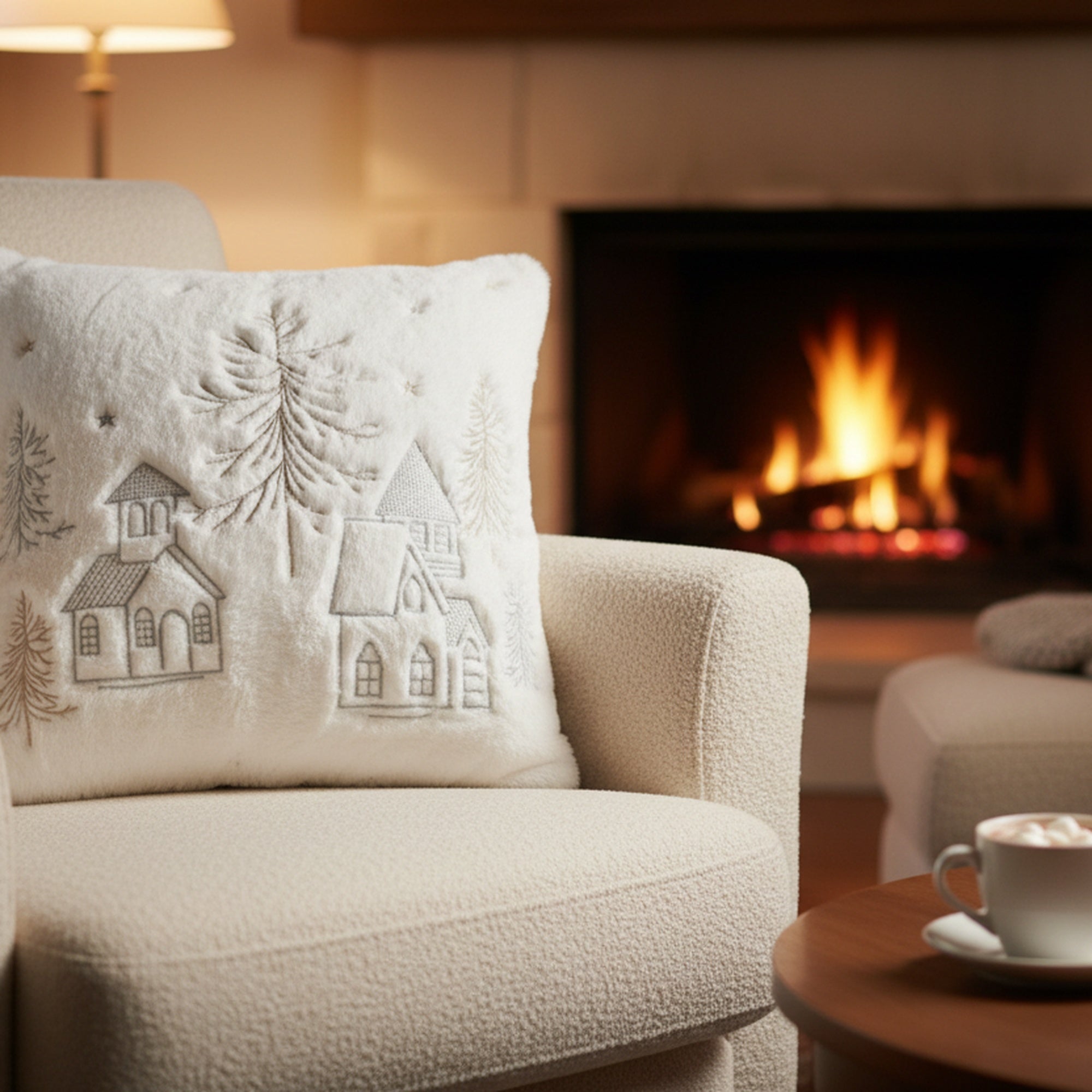 Polyester Embroidered Cushion Winter Village, Winter, Throw Pillow, Holiday Decor- Set of 2