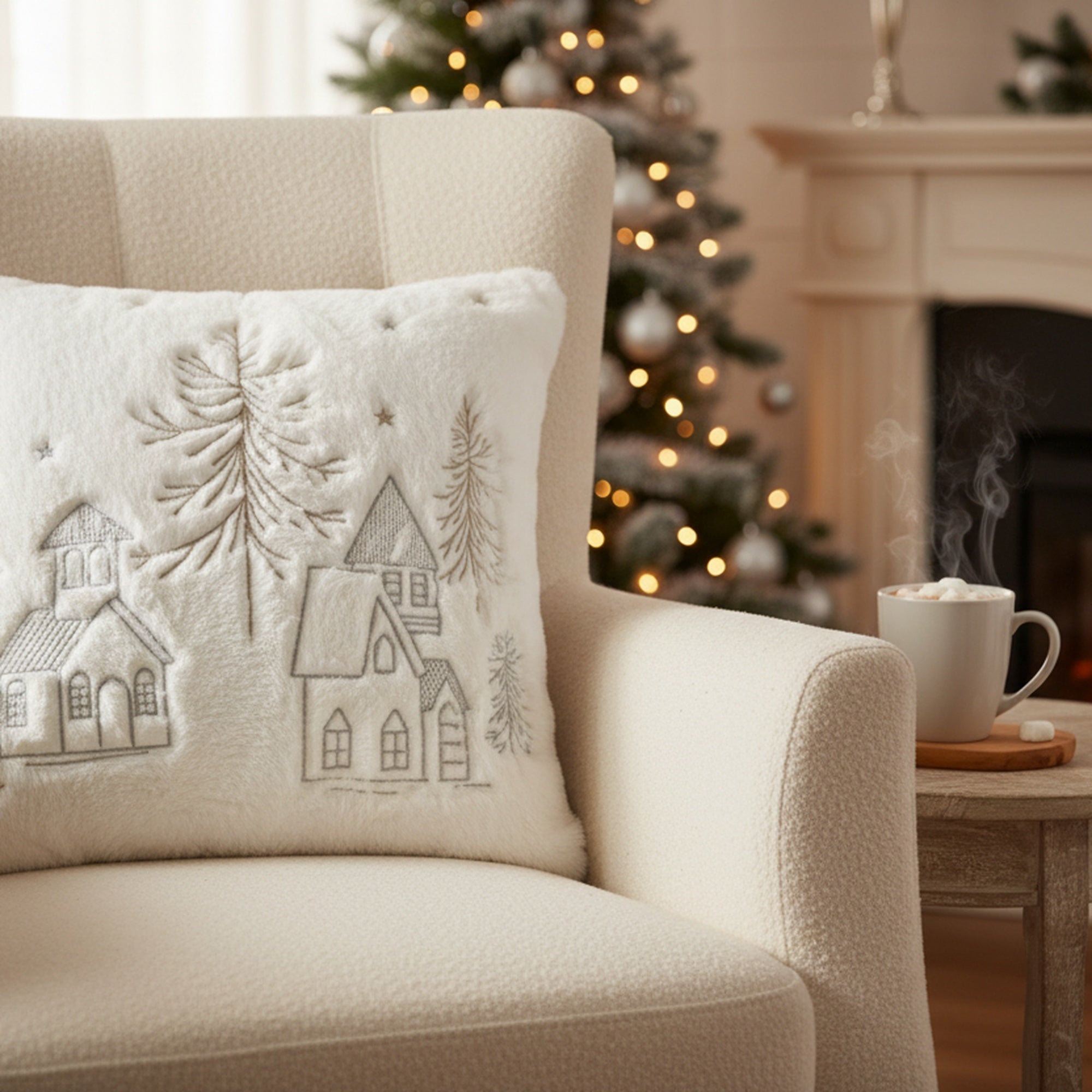 Polyester Embroidered Cushion Winter Village, Winter, Throw Pillow, Holiday Decor- Set of 2