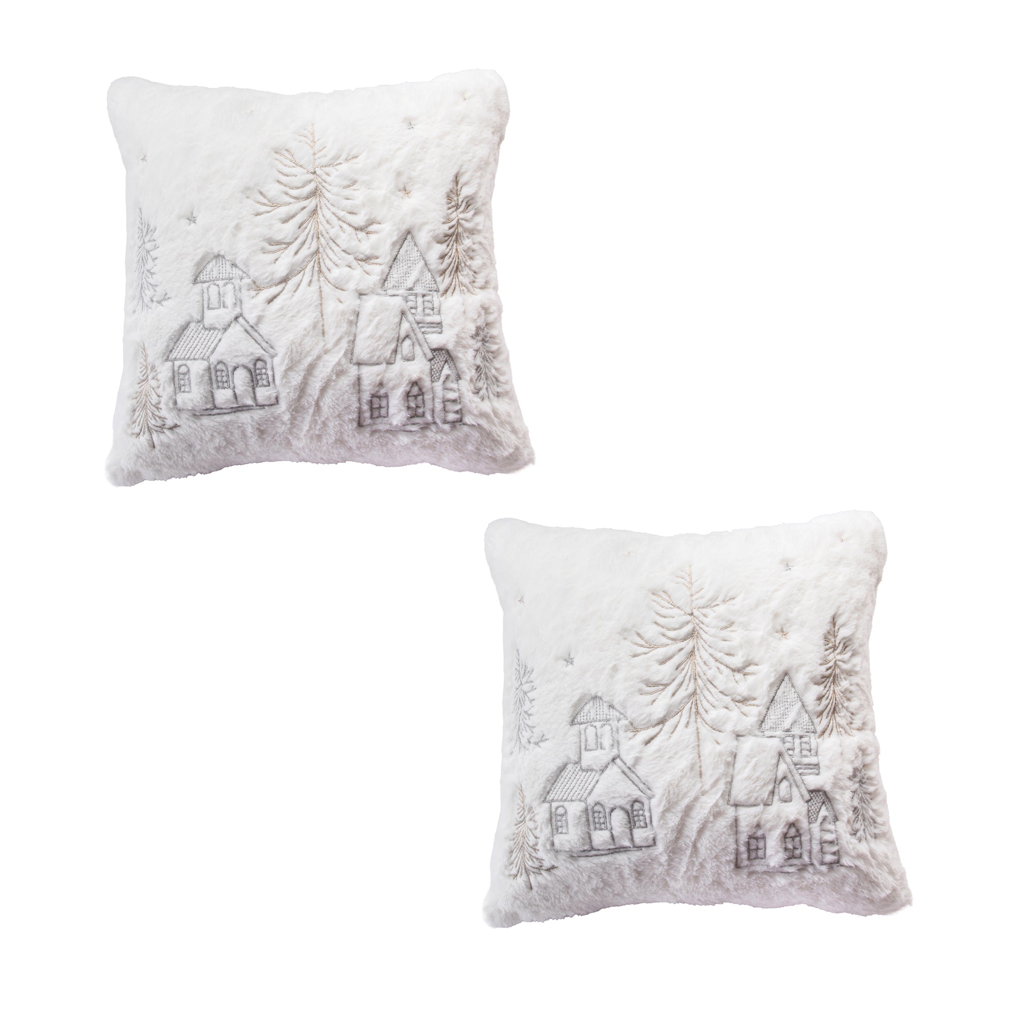 Polyester Embroidered Cushion Winter Village, Winter, Throw Pillow, Holiday Decor- Set of 2