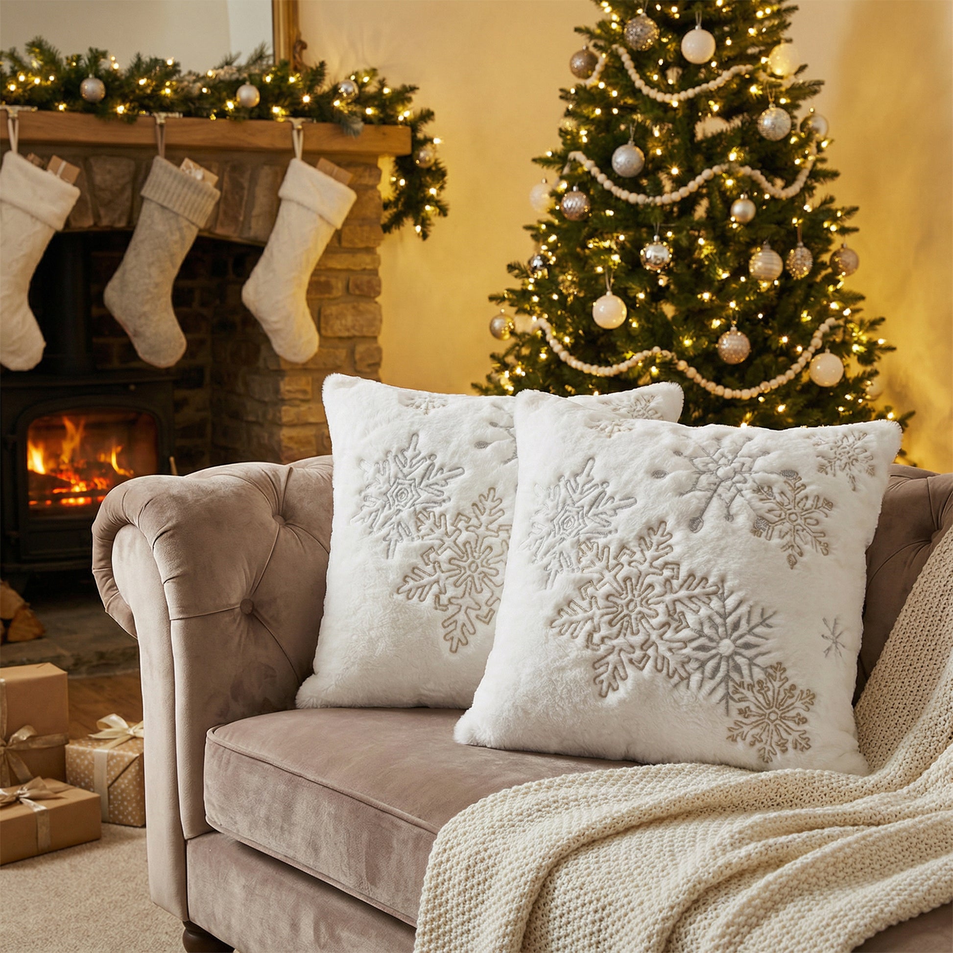 Polyester Embroidered Cushion Snowflakes, Throw Pillow, Holiday Decor- Set of 2