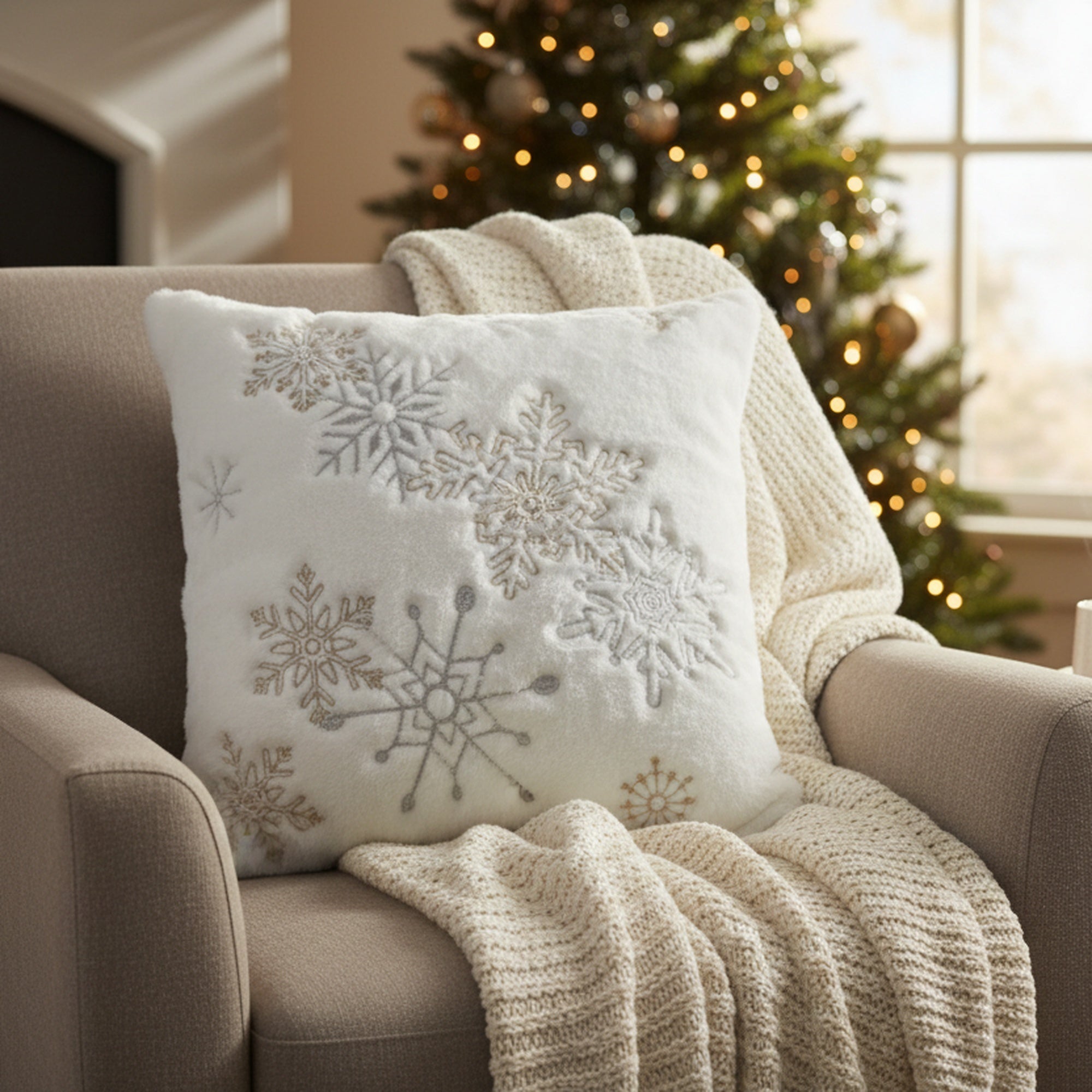Polyester Embroidered Cushion Snowflakes, Throw Pillow, Holiday Decor- Set of 2