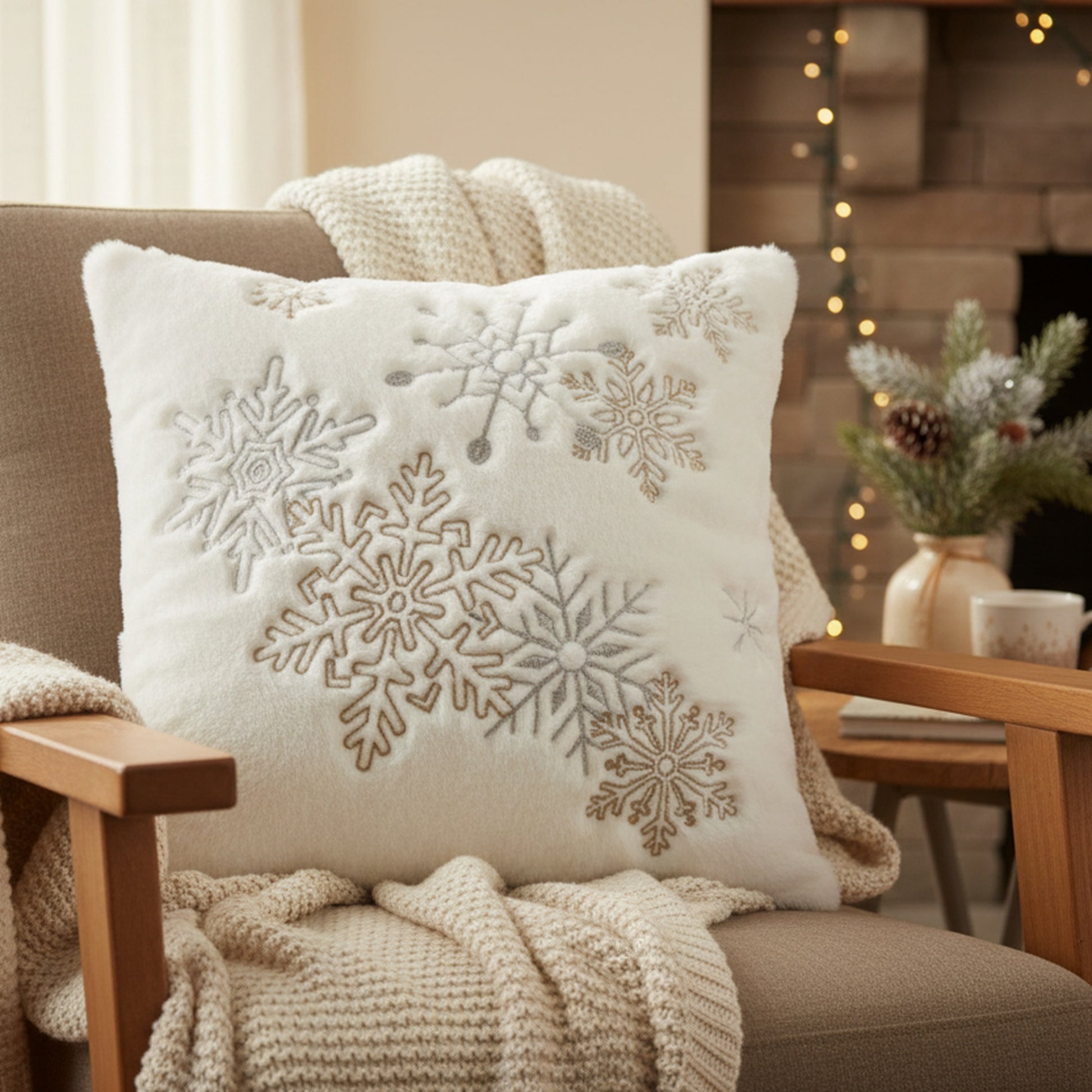 Polyester Embroidered Cushion Snowflakes, Throw Pillow, Holiday Decor- Set of 2