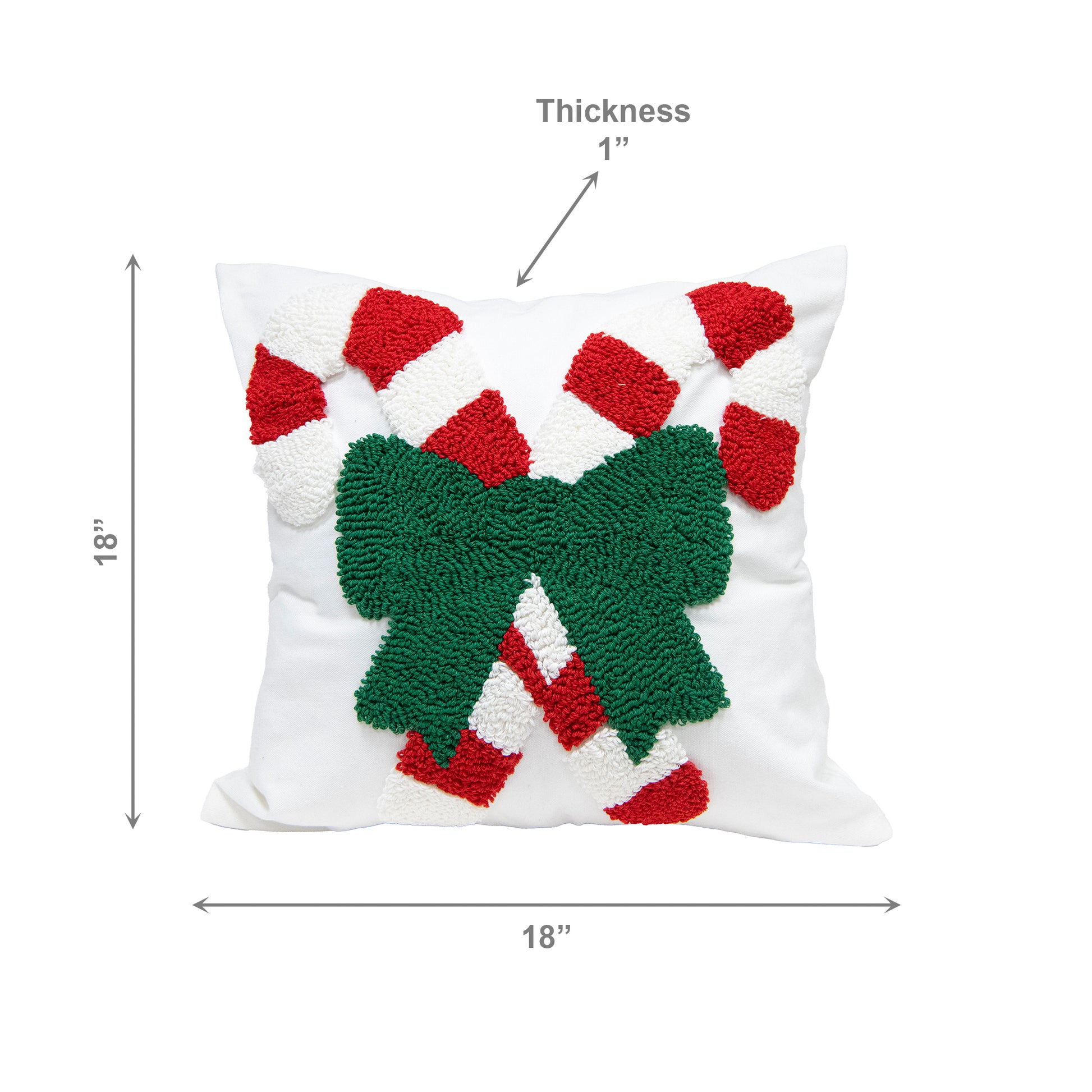 Cotton Embroidered Cushion Candy Canes with Bow, Throw Pillow, Holiday Decor- Set of 2