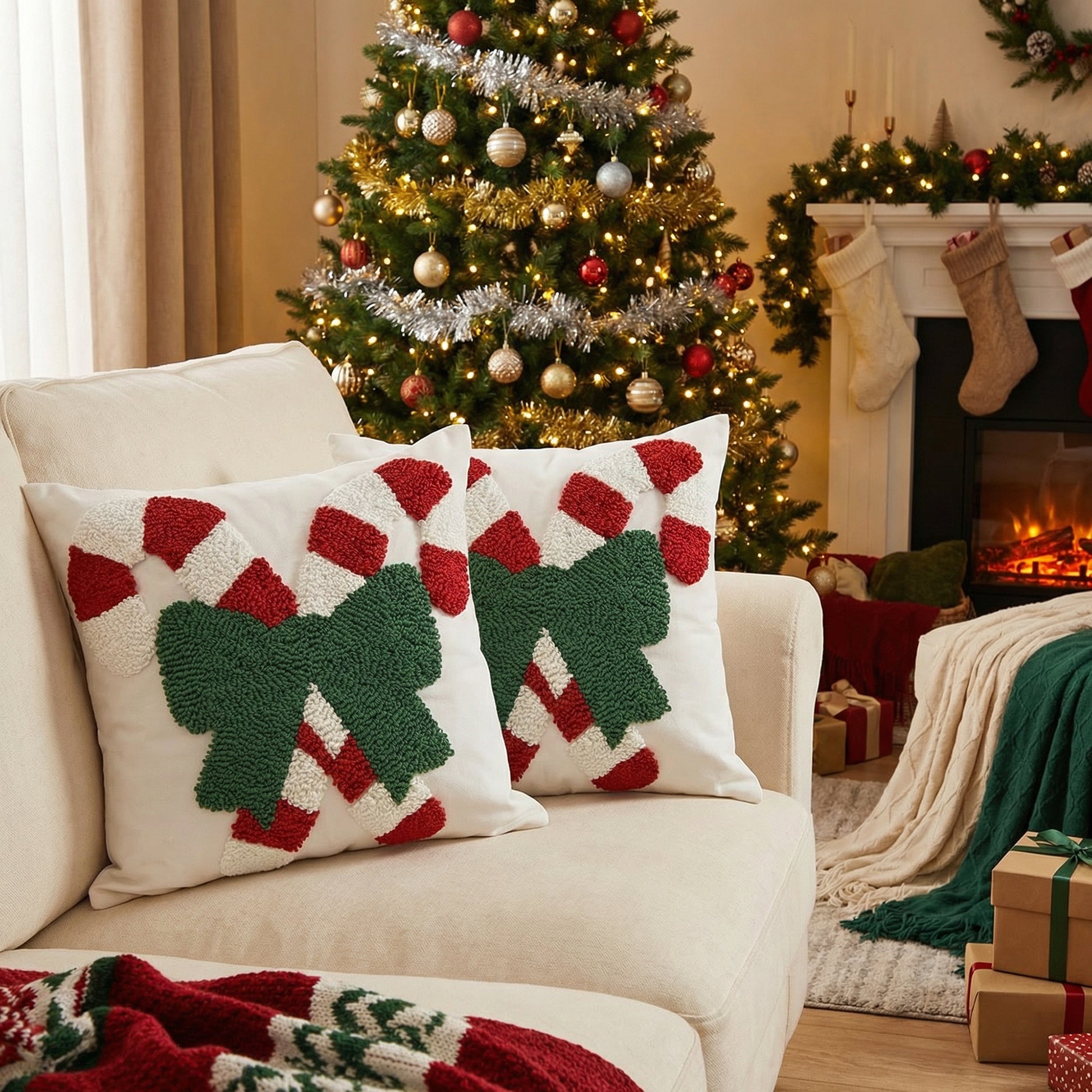 Cotton Embroidered Cushion Candy Canes with Bow, Throw Pillow, Holiday Decor- Set of 2