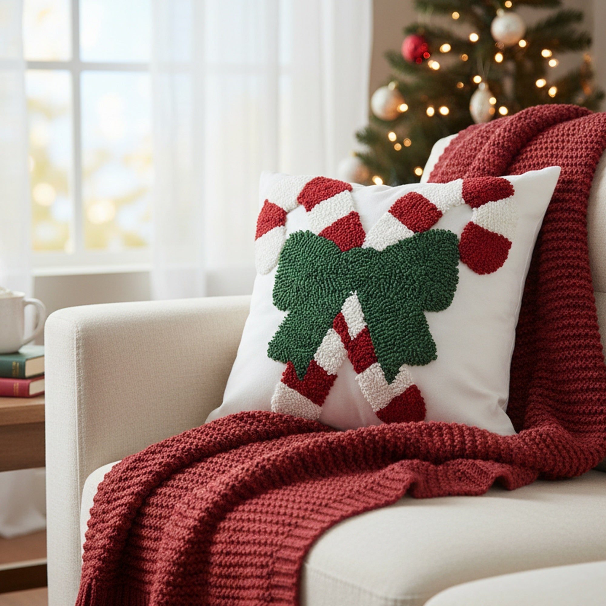 Cotton Embroidered Cushion Candy Canes with Bow, Throw Pillow, Holiday Decor- Set of 2